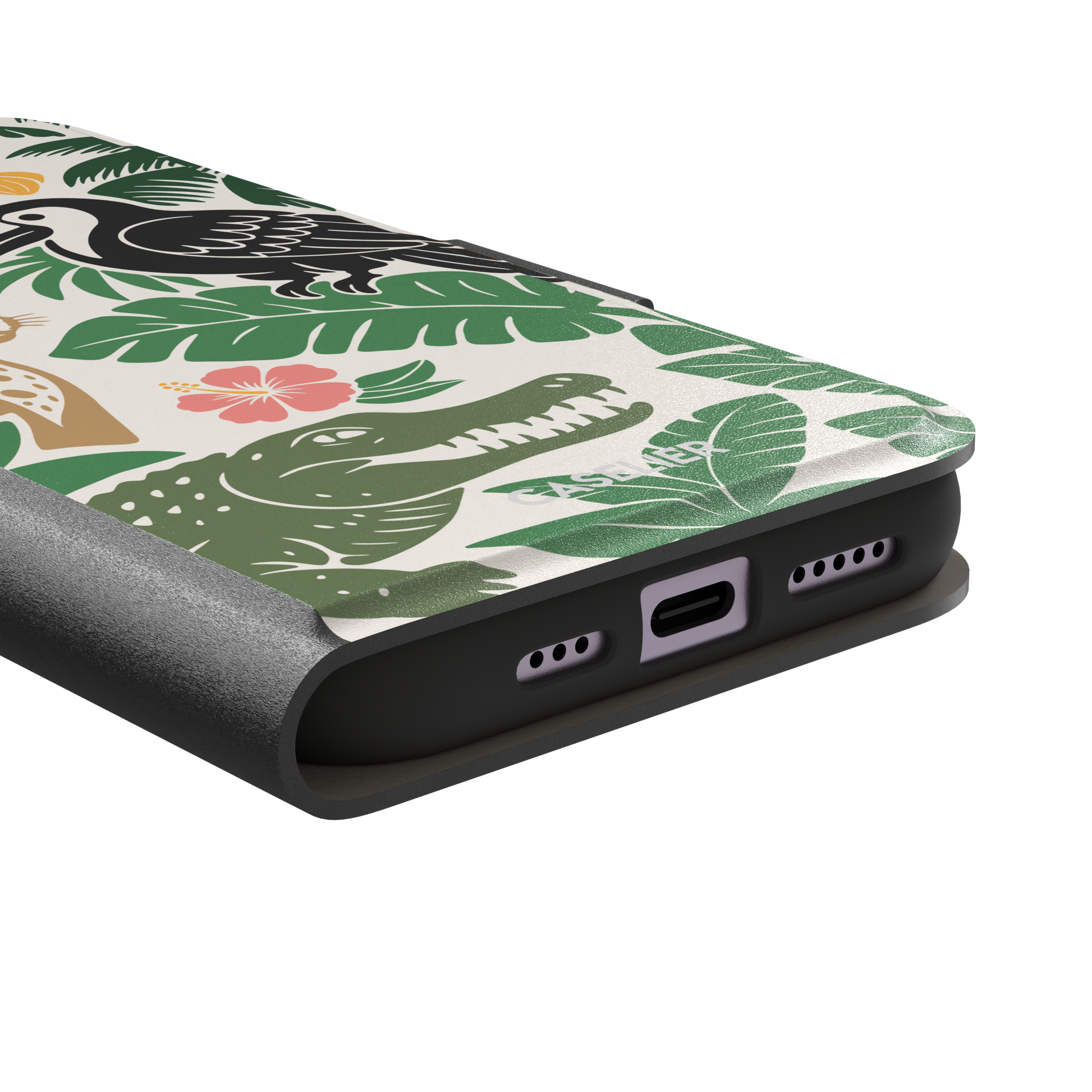 Tropical phone case in cream with bold flat-art illustration of a leopard, toucan, crocodile, hibiscus flower, and green palm and monstera leaves with golden banana accents — wallet case, charging port detail