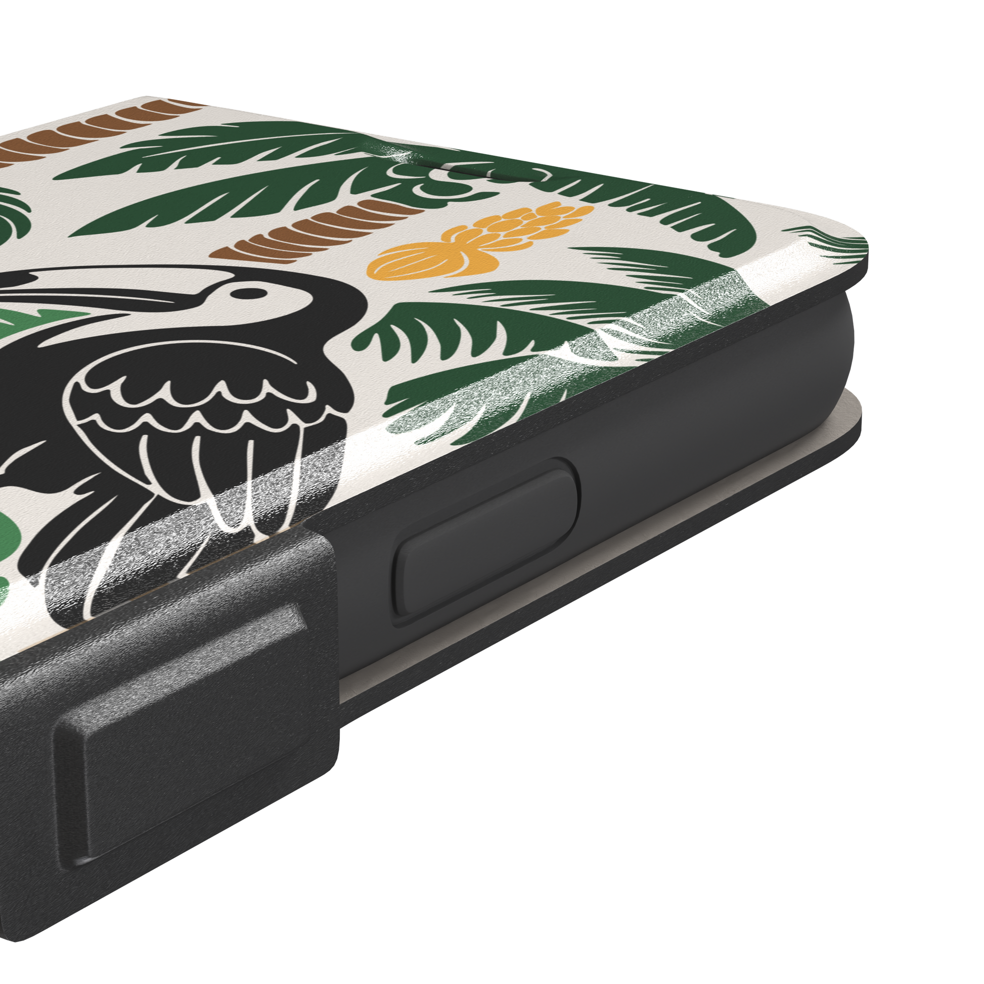 Tropical phone case in cream with bold flat-art illustration of a leopard, toucan, crocodile, hibiscus flower, and green palm and monstera leaves with golden banana accents — wallet case, volume buttons detail