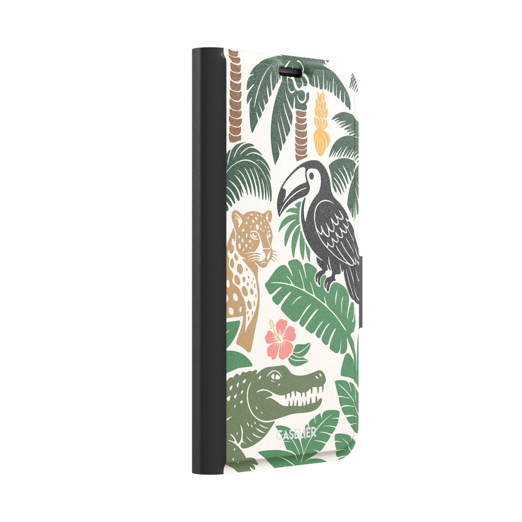 Tropical phone case in cream with bold flat-art illustration of a leopard, toucan, crocodile, hibiscus flower, and green palm and monstera leaves with golden banana accents — wallet case, left view