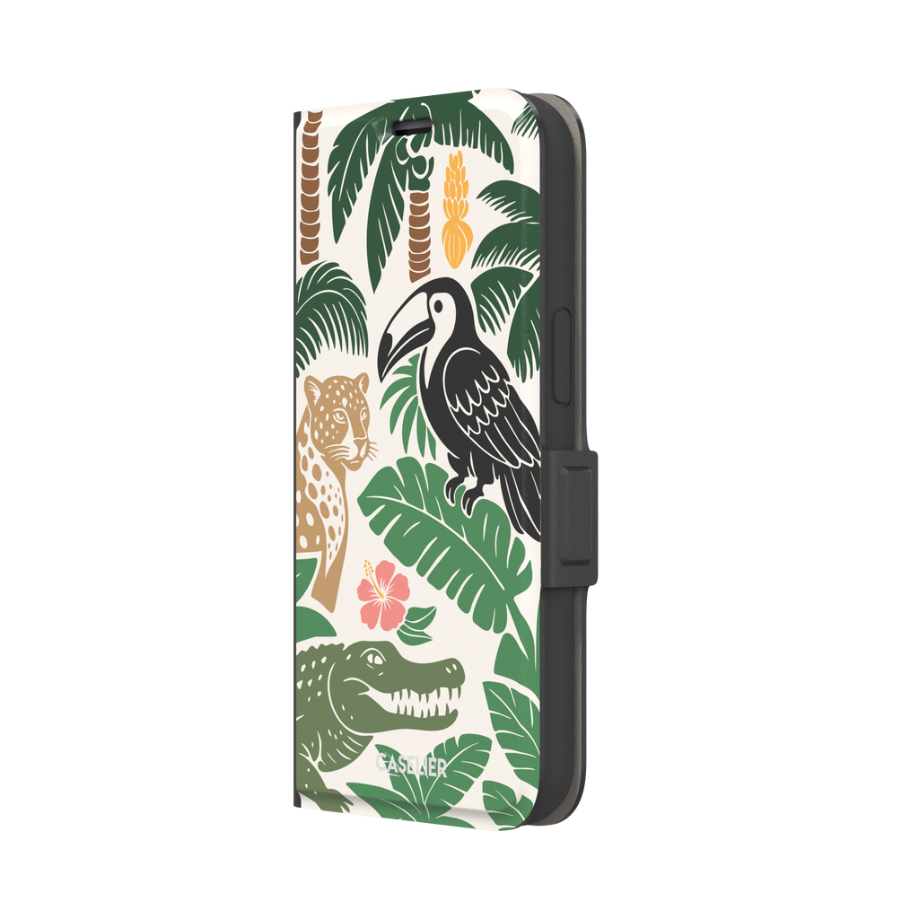 Tropical phone case in cream with bold flat-art illustration of a leopard, toucan, crocodile, hibiscus flower, and green palm and monstera leaves with golden banana accents — wallet case, right view