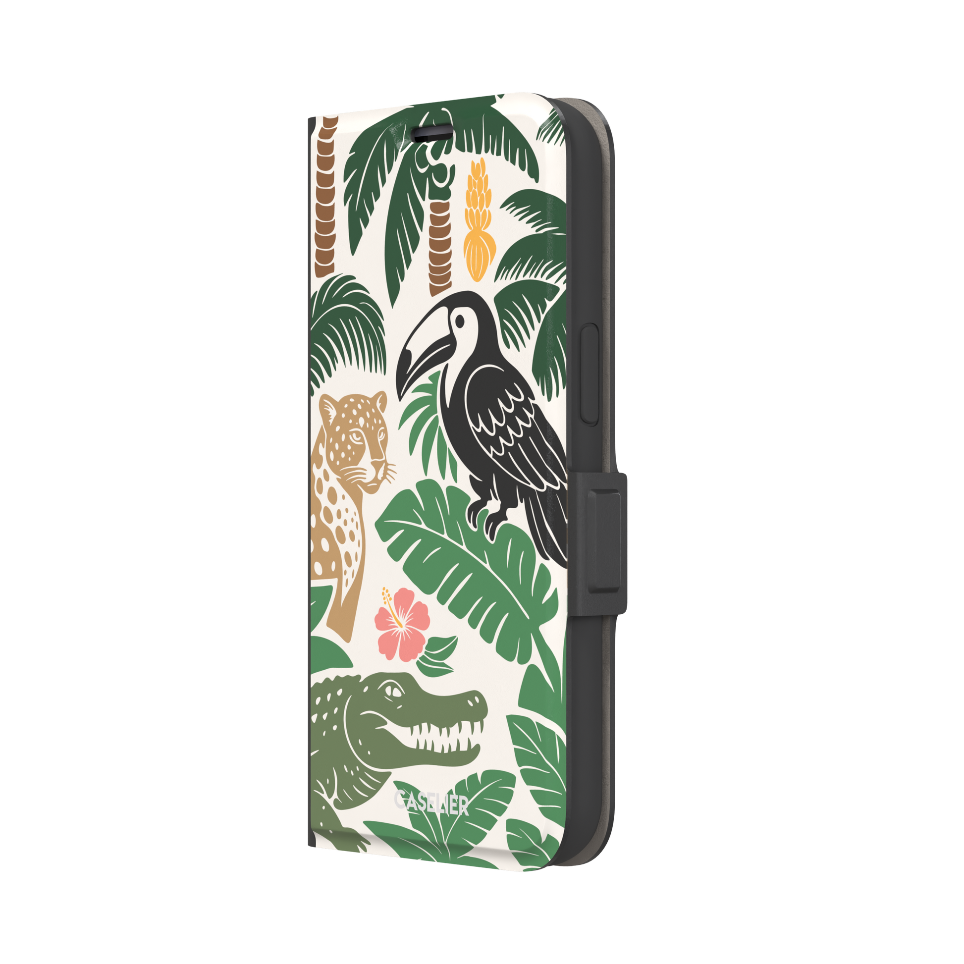 Tropical phone case in cream with bold flat-art illustration of a leopard, toucan, crocodile, hibiscus flower, and green palm and monstera leaves with golden banana accents — wallet case, right view