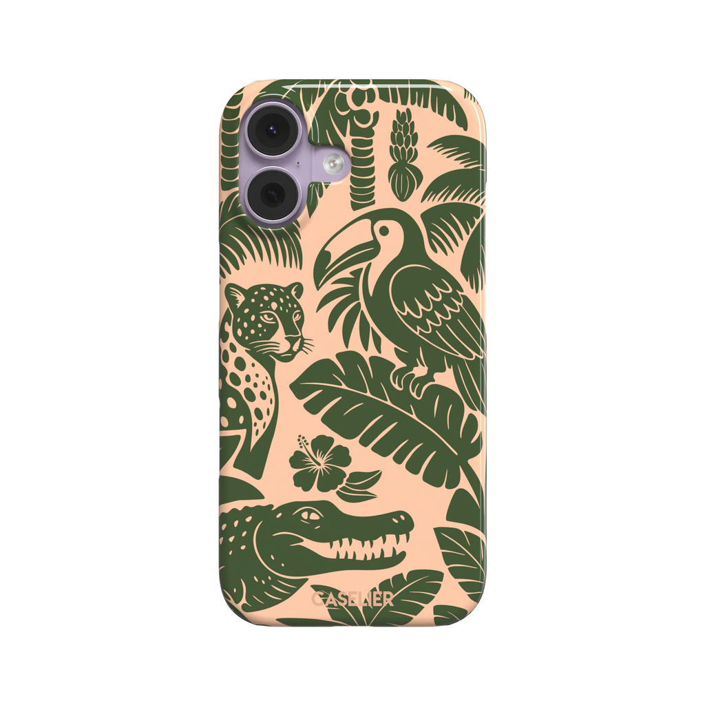 Tropical phone case in peach and dark green two-tone colorway featuring the jungle illustration with leopard, toucan, crocodile, monstera leaves, and hibiscus — snap case, front view