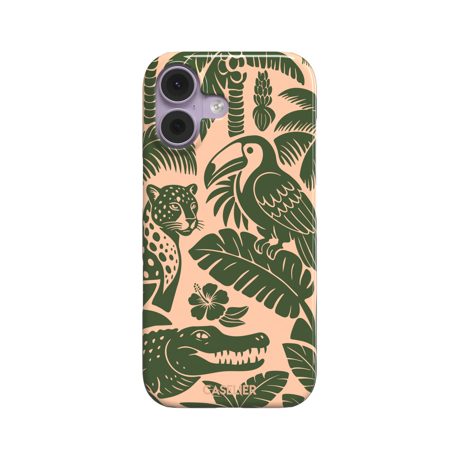 Tropical phone case in peach and dark green two-tone colorway featuring the jungle illustration with leopard, toucan, crocodile, monstera leaves, and hibiscus — snap case, front view