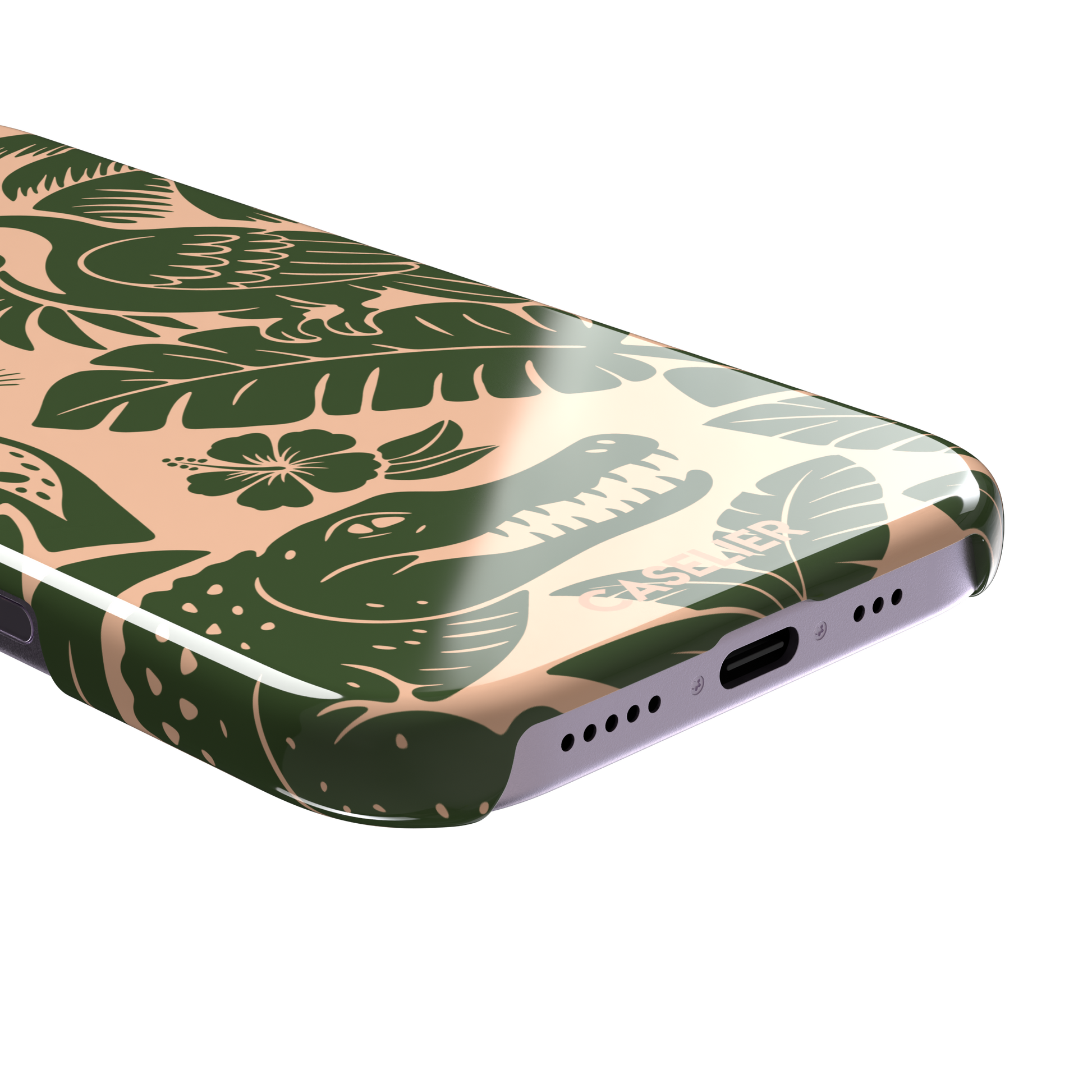 Tropical phone case in peach and dark green two-tone colorway featuring the jungle illustration with leopard, toucan, crocodile, monstera leaves, and hibiscus — snap case, charging port detail