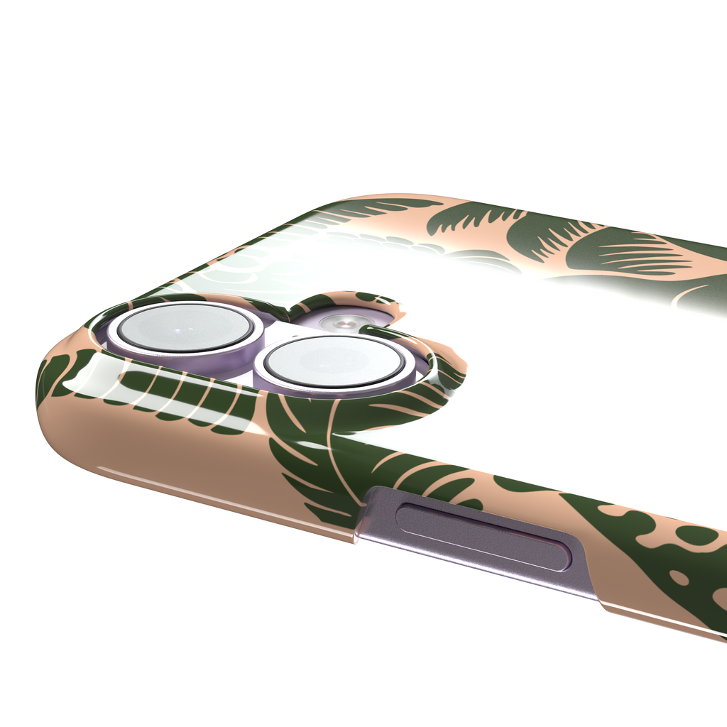 Tropical phone case in peach and dark green two-tone colorway featuring the jungle illustration with leopard, toucan, crocodile, monstera leaves, and hibiscus — snap case, volume buttons detail