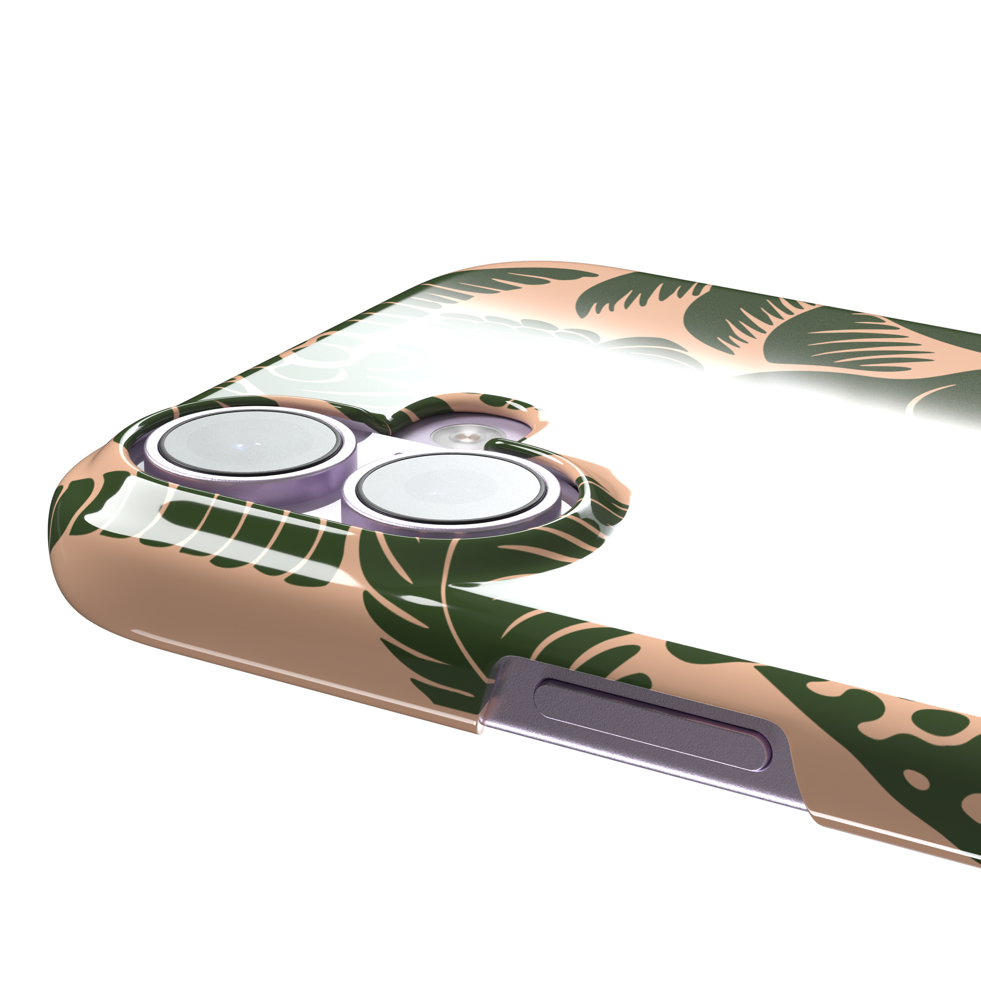 Tropical phone case in peach and dark green two-tone colorway featuring the jungle illustration with leopard, toucan, crocodile, monstera leaves, and hibiscus — snap case, volume buttons detail
