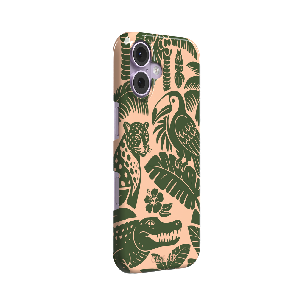 Tropical phone case in peach and dark green two-tone colorway featuring the jungle illustration with leopard, toucan, crocodile, monstera leaves, and hibiscus — snap case, left view
