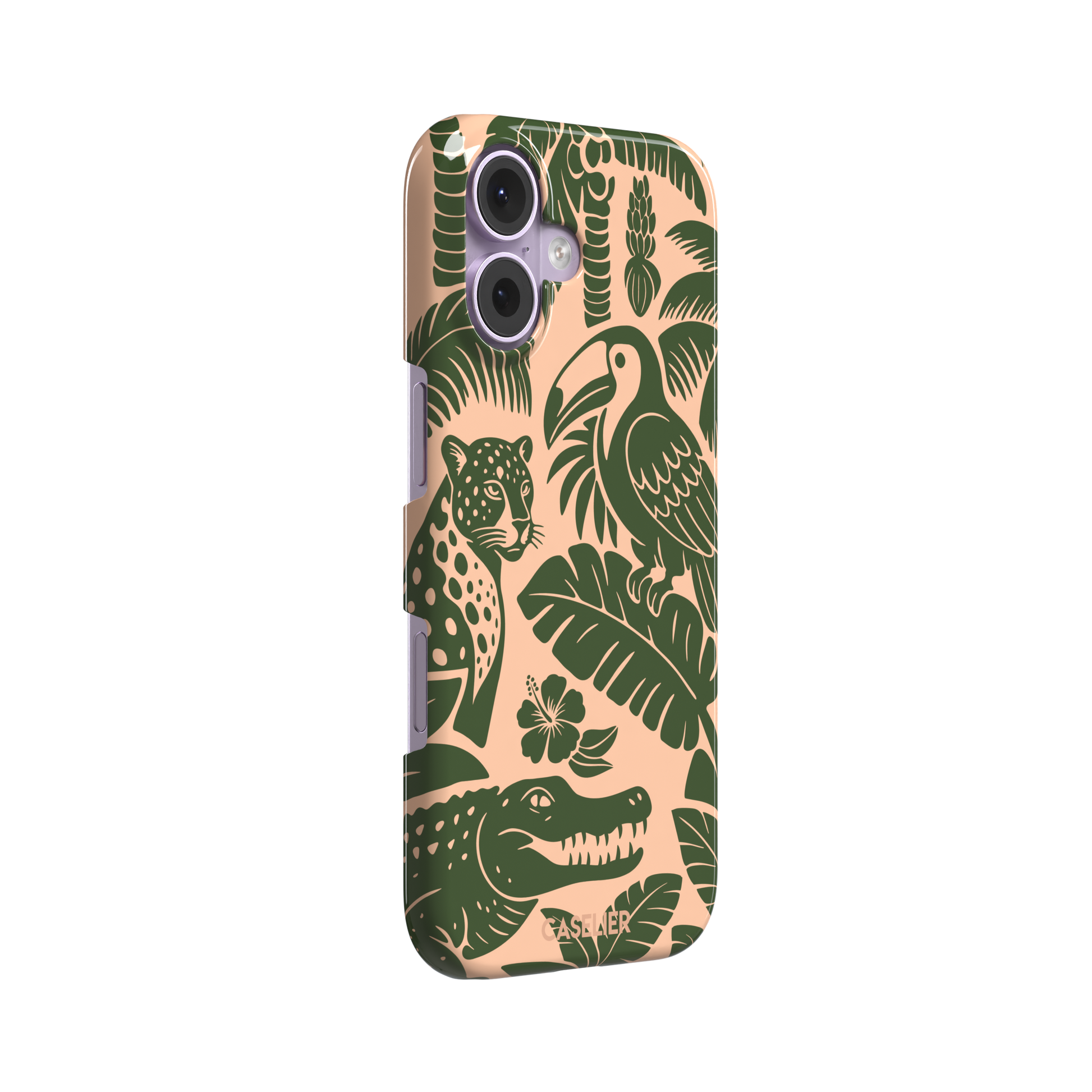 Tropical phone case in peach and dark green two-tone colorway featuring the jungle illustration with leopard, toucan, crocodile, monstera leaves, and hibiscus — snap case, left view