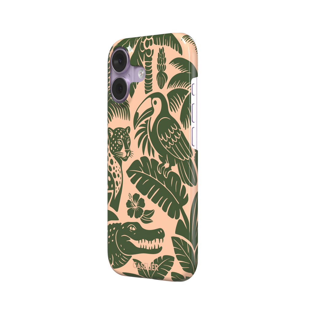 Tropical phone case in peach and dark green two-tone colorway featuring the jungle illustration with leopard, toucan, crocodile, monstera leaves, and hibiscus — snap case, right view