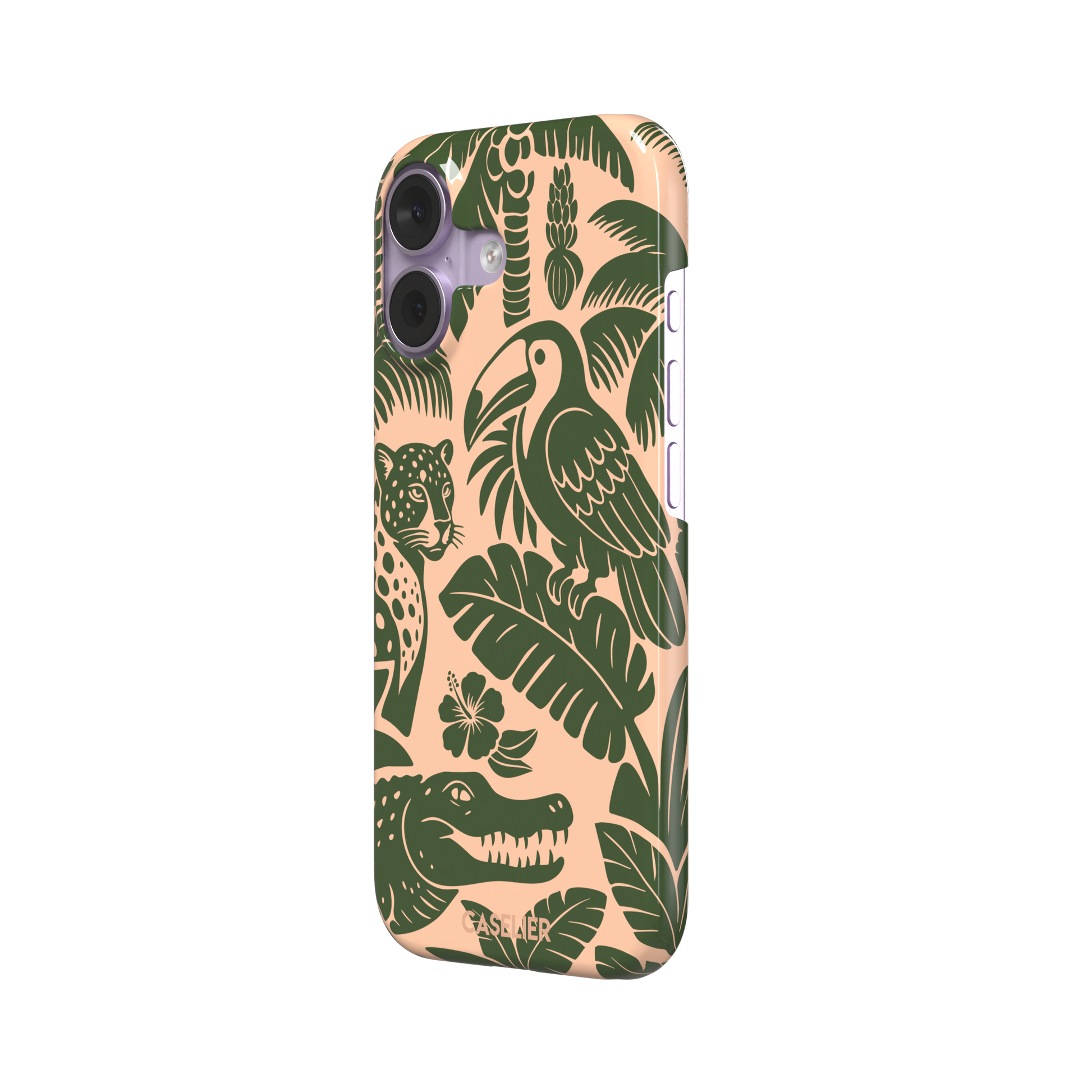 Tropical phone case in peach and dark green two-tone colorway featuring the jungle illustration with leopard, toucan, crocodile, monstera leaves, and hibiscus — snap case, right view