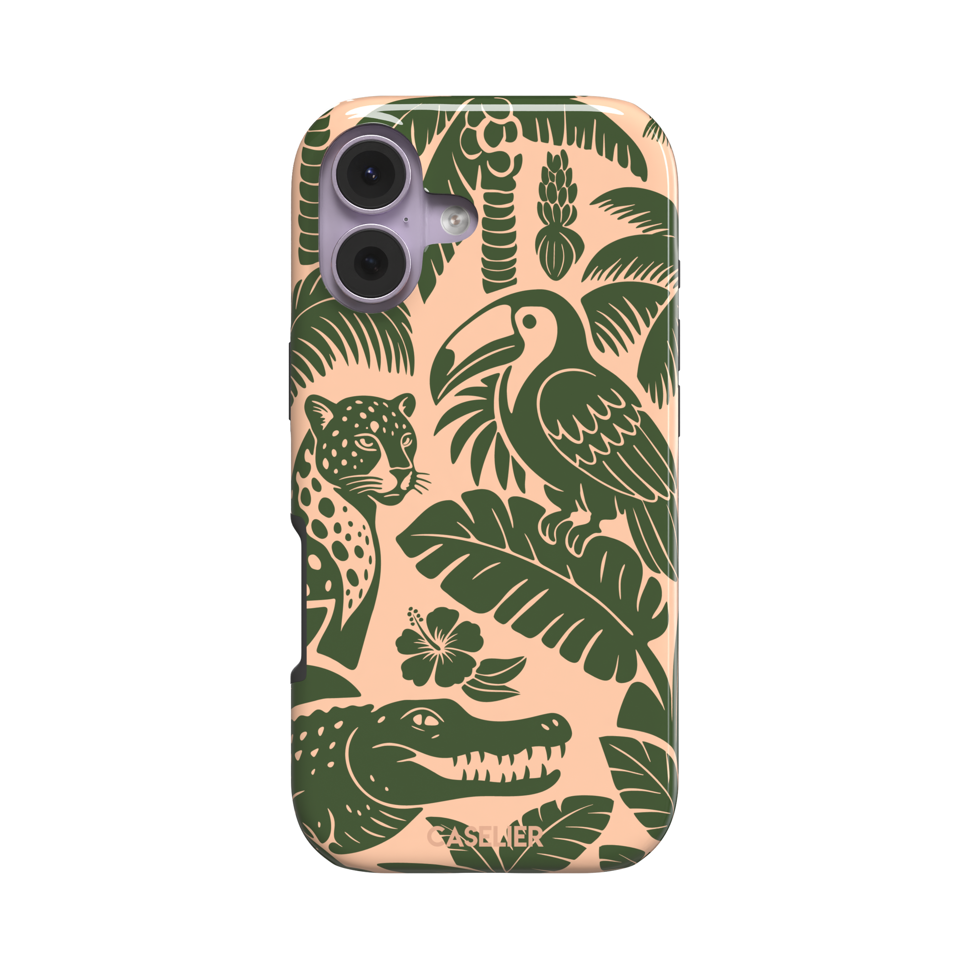 Tropical phone case in peach and dark green two-tone colorway featuring the jungle illustration with leopard, toucan, crocodile, monstera leaves, and hibiscus — tough case, front view