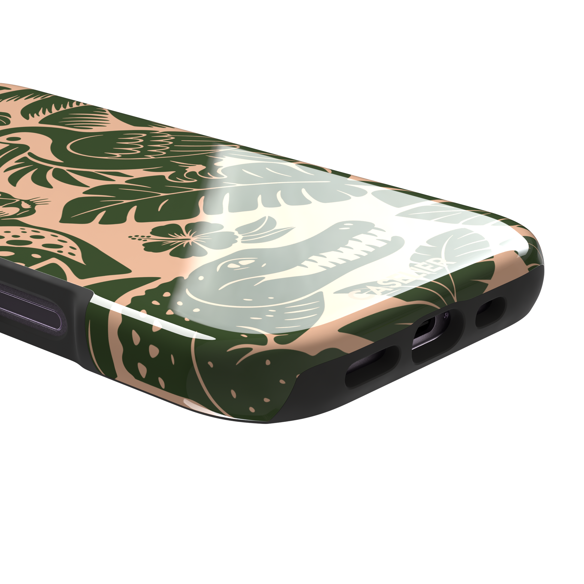 Tropical phone case in peach and dark green two-tone colorway featuring the jungle illustration with leopard, toucan, crocodile, monstera leaves, and hibiscus — tough case, charging port detail