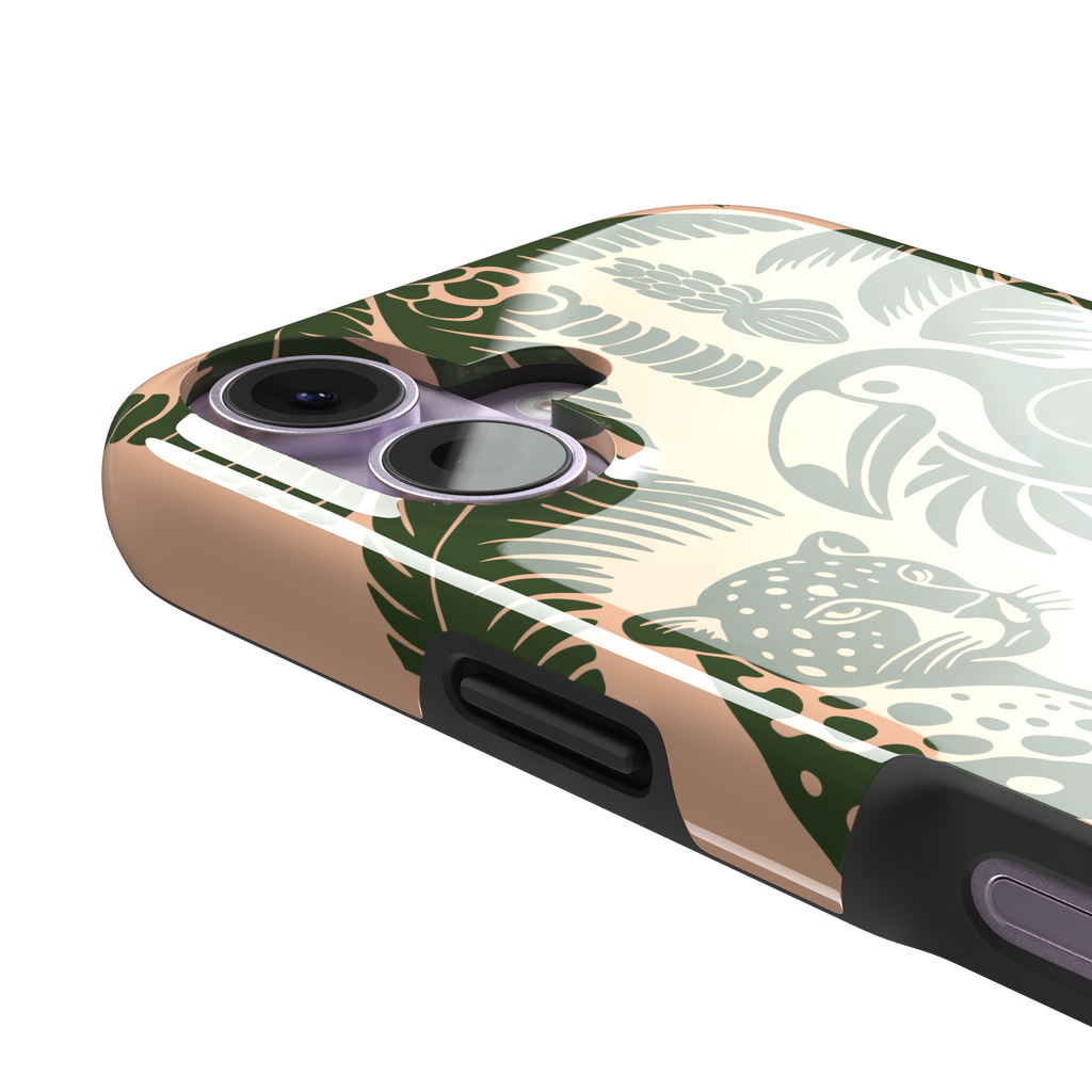 Tropical phone case in peach and dark green two-tone colorway featuring the jungle illustration with leopard, toucan, crocodile, monstera leaves, and hibiscus — tough case, volume buttons detail