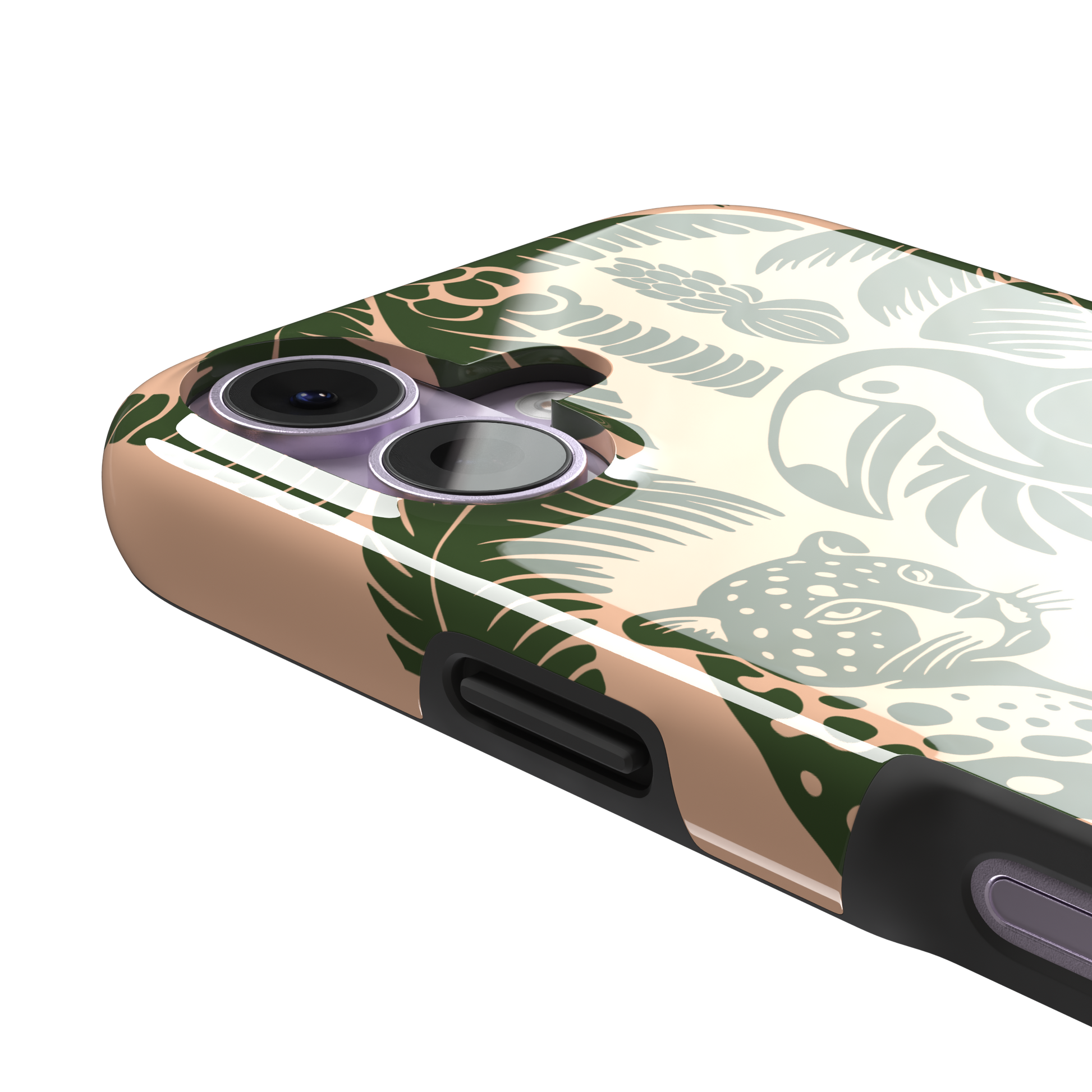 Tropical phone case in peach and dark green two-tone colorway featuring the jungle illustration with leopard, toucan, crocodile, monstera leaves, and hibiscus — tough case, volume buttons detail