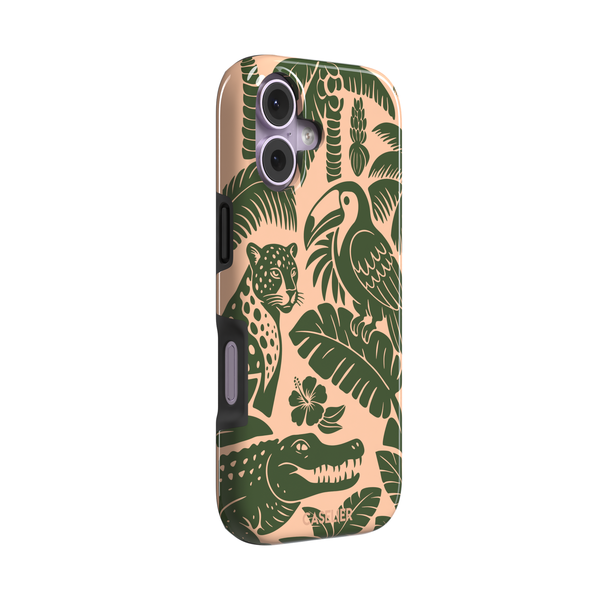 Tropical phone case in peach and dark green two-tone colorway featuring the jungle illustration with leopard, toucan, crocodile, monstera leaves, and hibiscus — tough case, left view