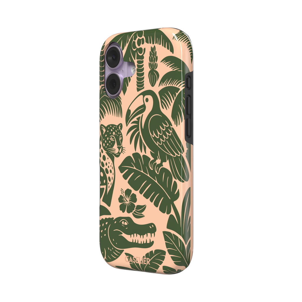 Tropical phone case in peach and dark green two-tone colorway featuring the jungle illustration with leopard, toucan, crocodile, monstera leaves, and hibiscus — tough case, right view