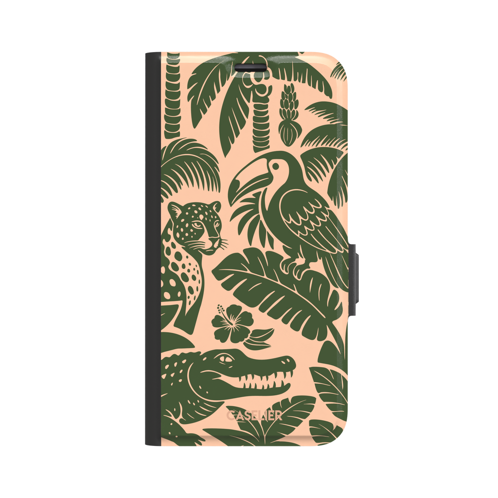 Tropical phone case in peach and dark green two-tone colorway featuring the jungle illustration with leopard, toucan, crocodile, monstera leaves, and hibiscus — wallet case, front view