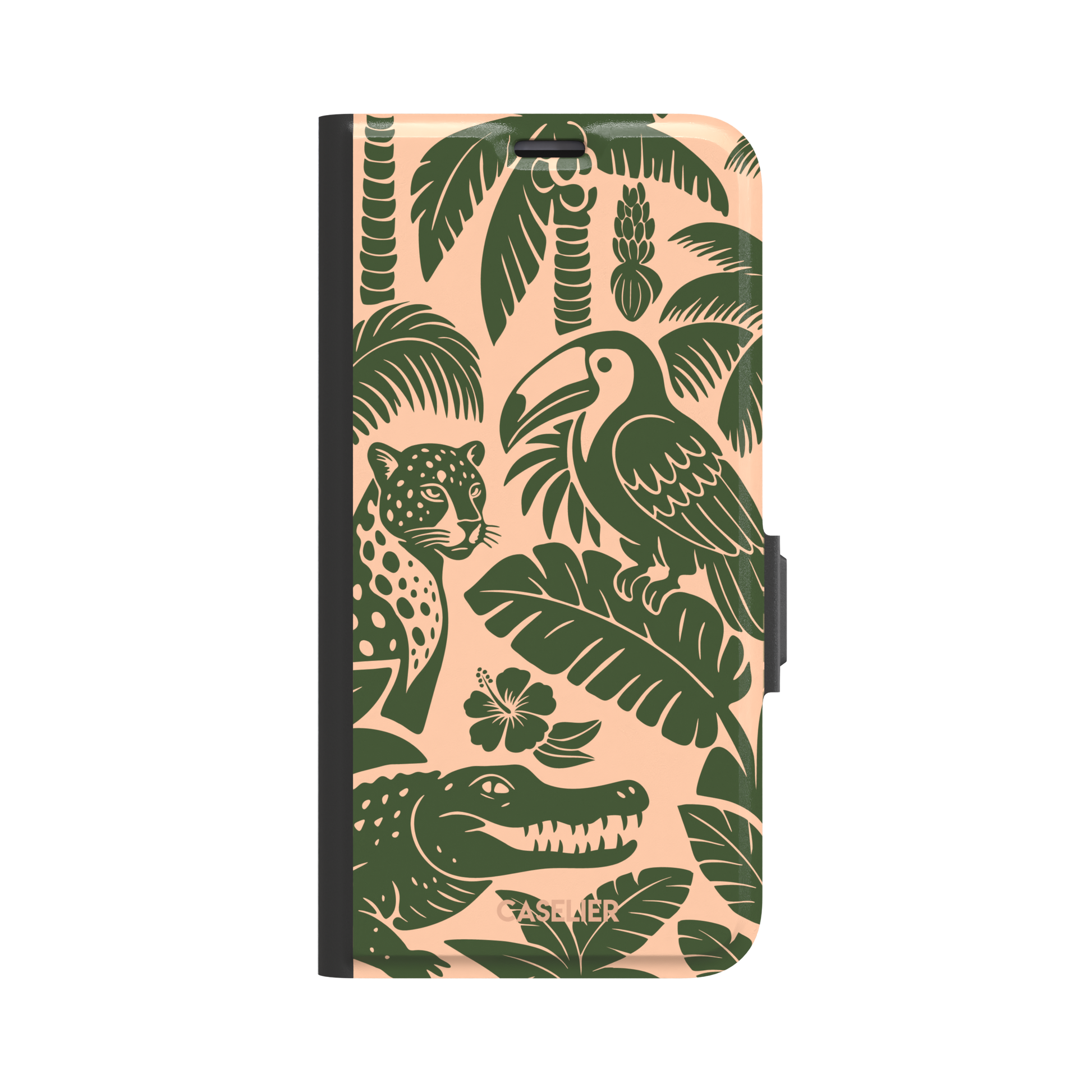 Tropical phone case in peach and dark green two-tone colorway featuring the jungle illustration with leopard, toucan, crocodile, monstera leaves, and hibiscus — wallet case, front view