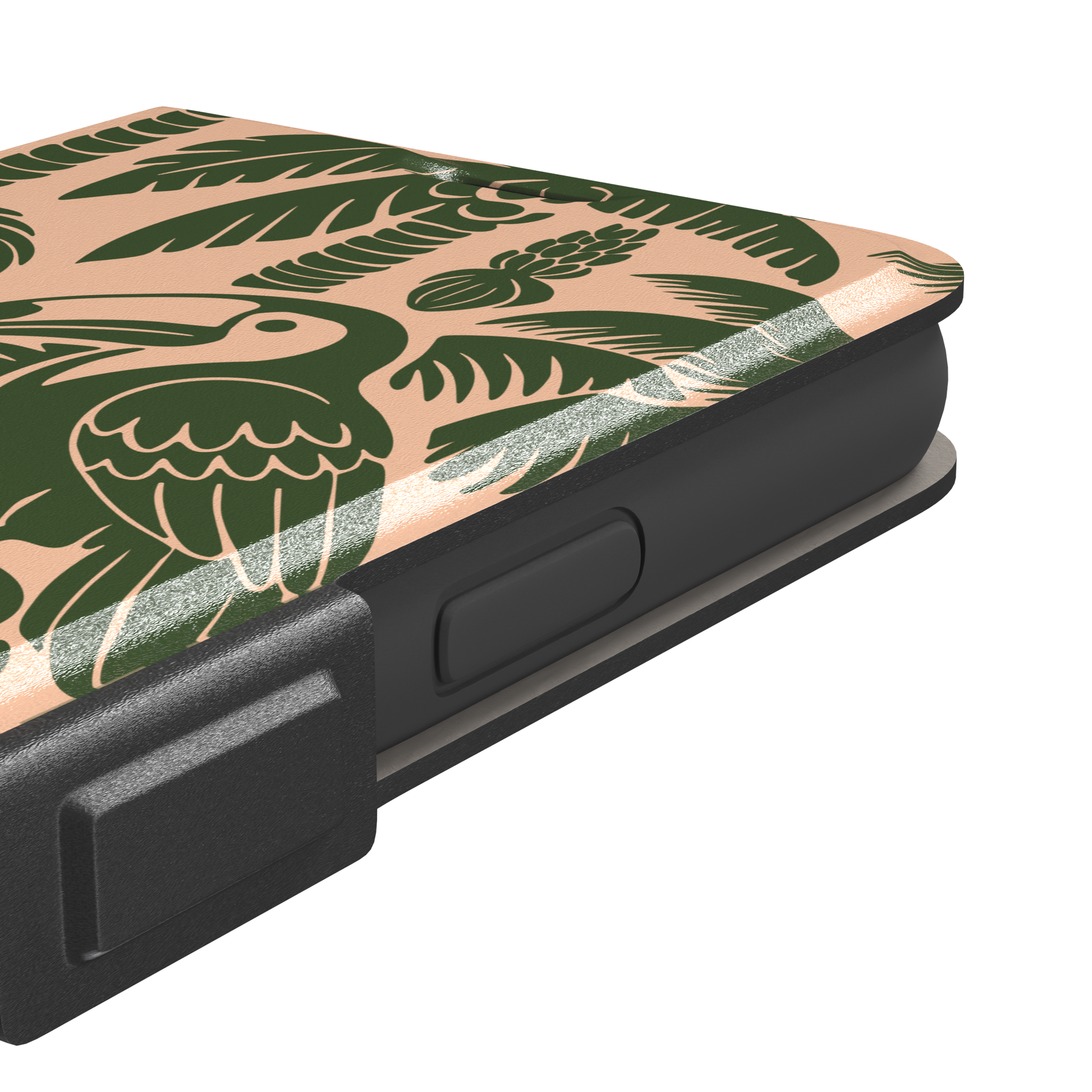 Tropical phone case in peach and dark green two-tone colorway featuring the jungle illustration with leopard, toucan, crocodile, monstera leaves, and hibiscus — wallet case, volume buttons detail