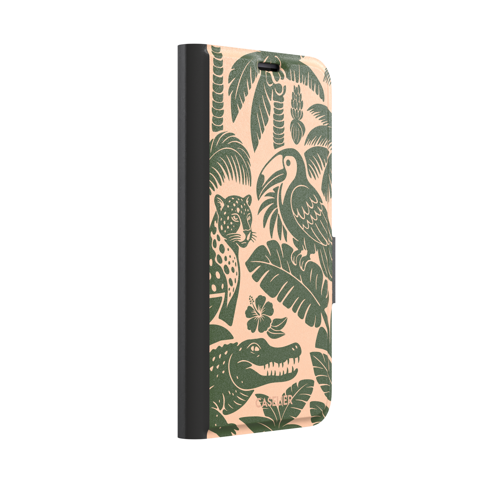 Tropical phone case in peach and dark green two-tone colorway featuring the jungle illustration with leopard, toucan, crocodile, monstera leaves, and hibiscus — wallet case, left view
