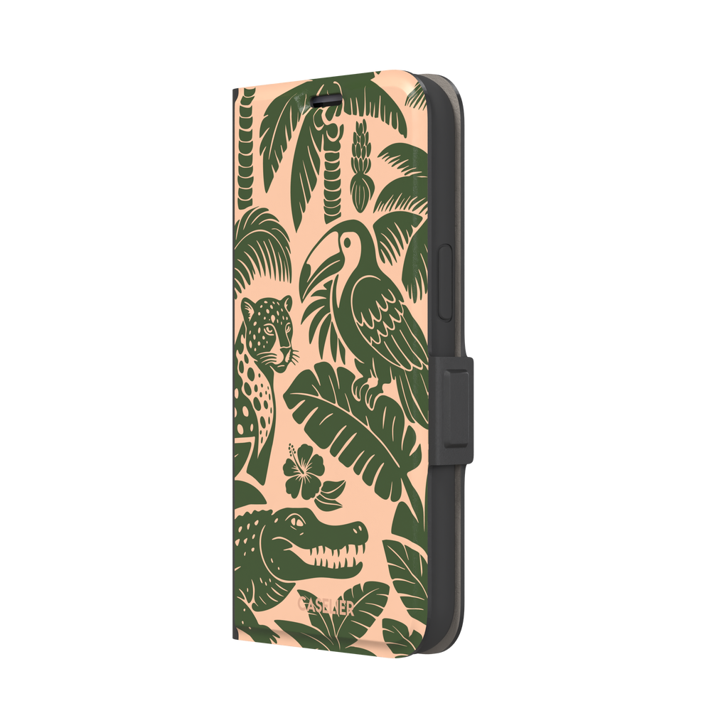 Tropical phone case in peach and dark green two-tone colorway featuring the jungle illustration with leopard, toucan, crocodile, monstera leaves, and hibiscus — wallet case, right view