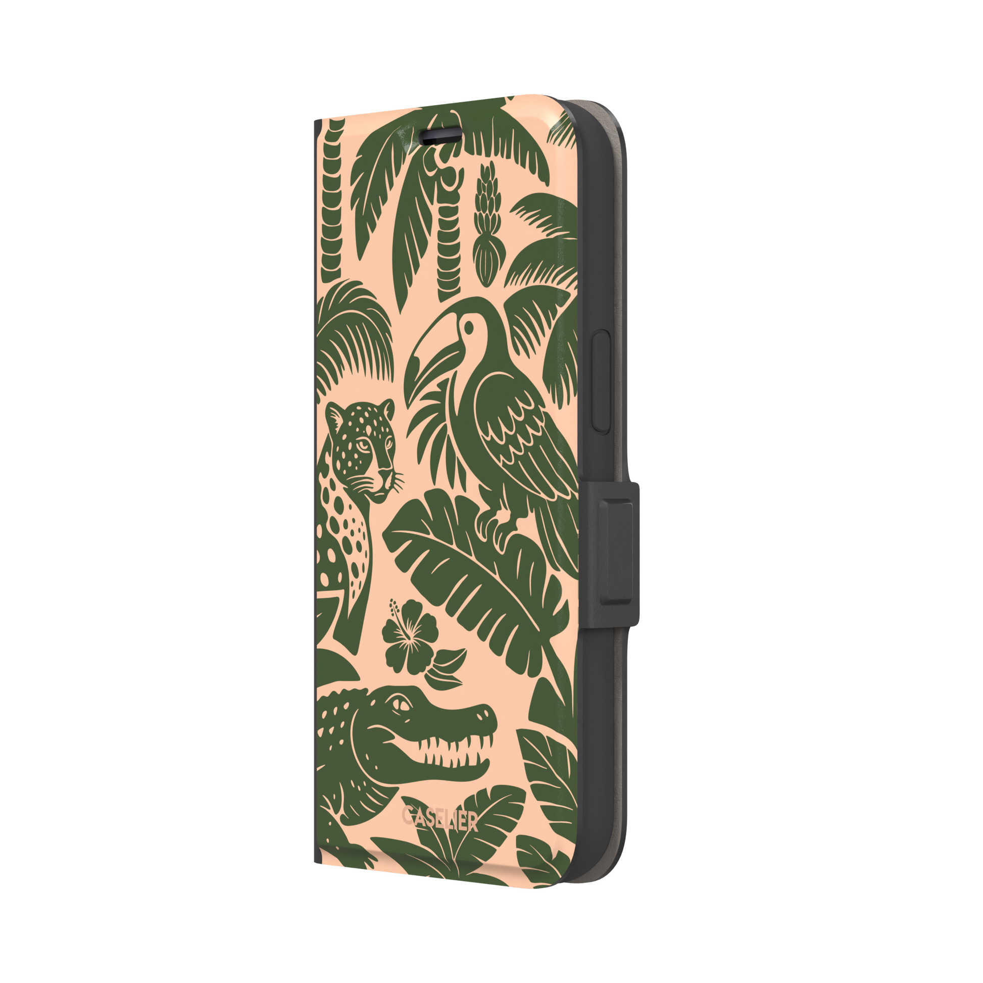 Tropical phone case in peach and dark green two-tone colorway featuring the jungle illustration with leopard, toucan, crocodile, monstera leaves, and hibiscus — wallet case, right view