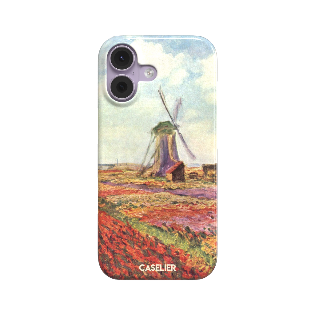 Tulip Fields in Holland by Claude Monet phone case featuring red and purple flower fields with a Dutch windmill under a cloudy sky in impressionist style, phone case by Caselier — snap case, front view