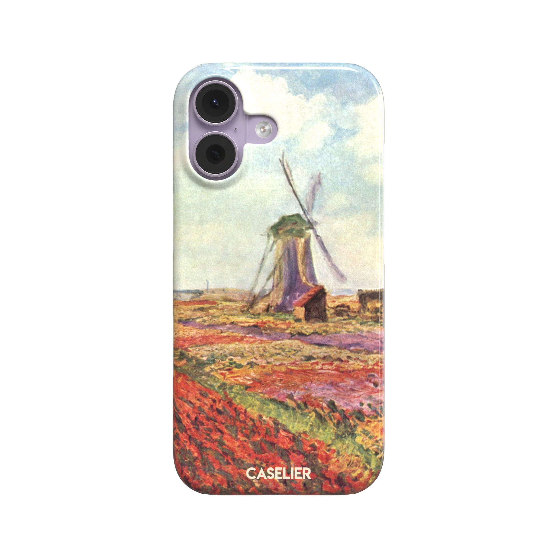 Tulip Fields in Holland by Claude Monet phone case featuring red and purple flower fields with a Dutch windmill under a cloudy sky in impressionist style, phone case by Caselier — snap case, front view
