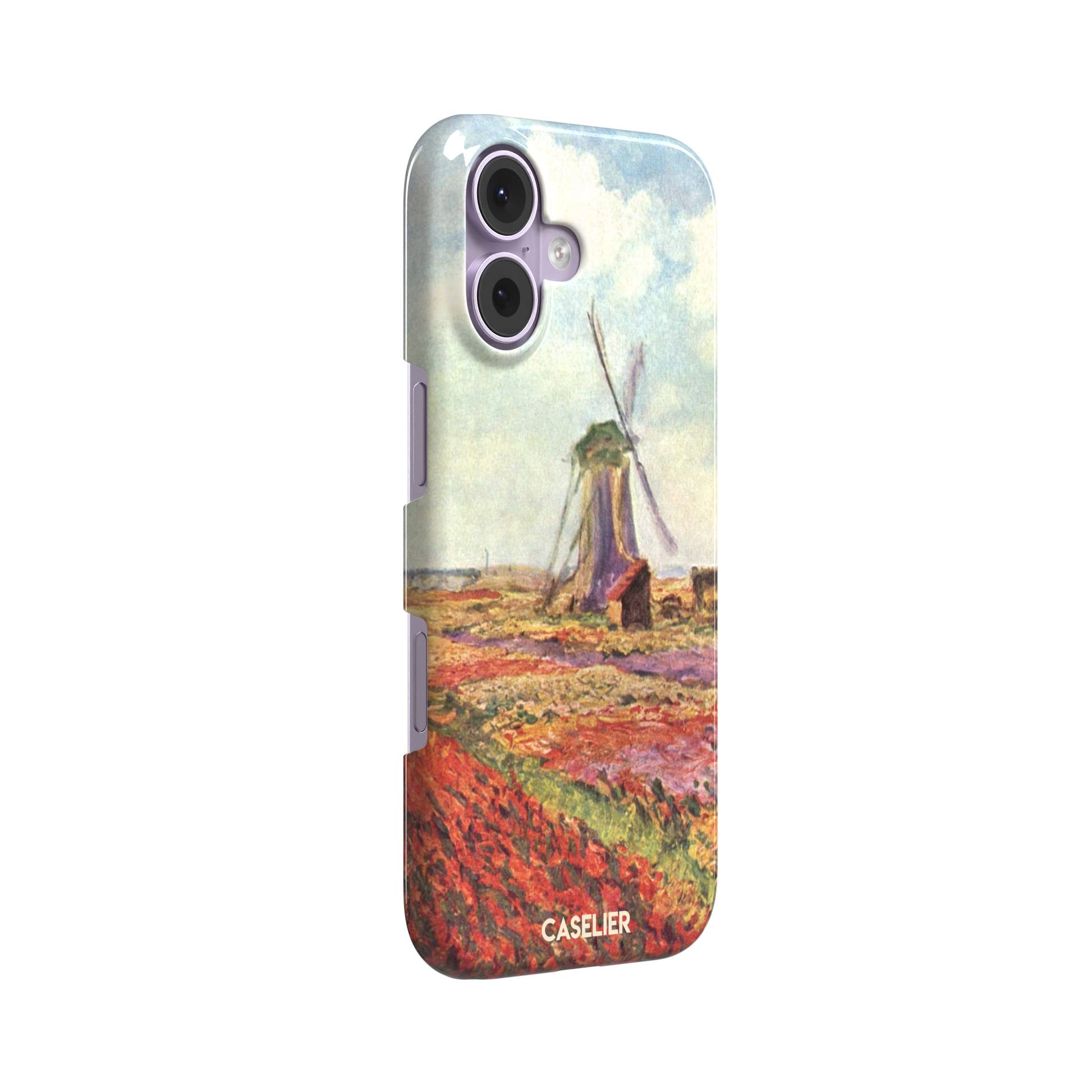 Tulip Fields in Holland by Claude Monet phone case featuring red and purple flower fields with a Dutch windmill under a cloudy sky in impressionist style, phone case by Caselier — snap case, left view