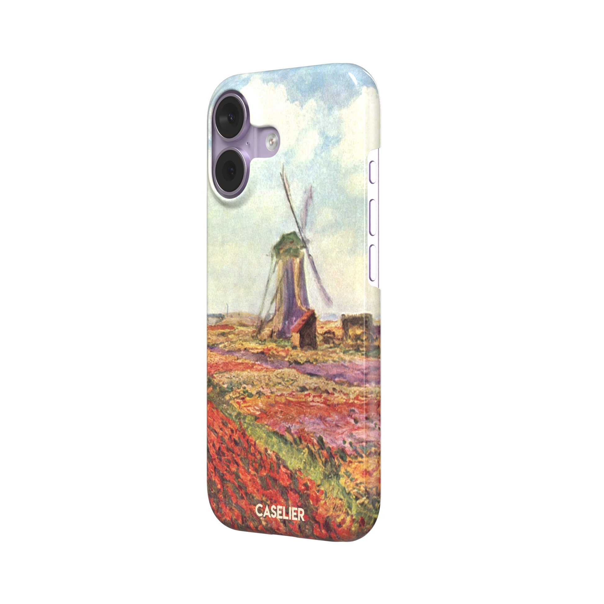 Tulip Fields in Holland by Claude Monet phone case featuring red and purple flower fields with a Dutch windmill under a cloudy sky in impressionist style, phone case by Caselier — snap case, right view