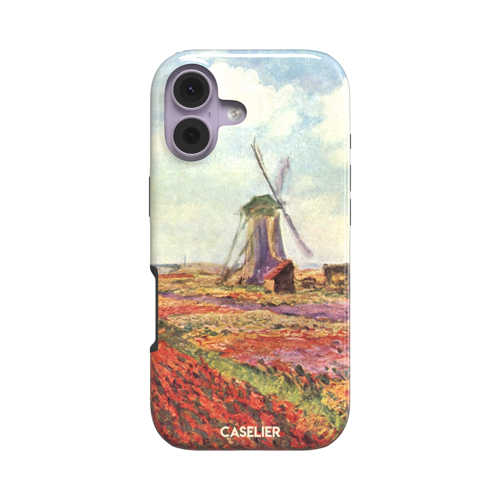 Tulip Fields in Holland by Claude Monet phone case featuring red and purple flower fields with a Dutch windmill under a cloudy sky in impressionist style, phone case by Caselier — tough case, front view