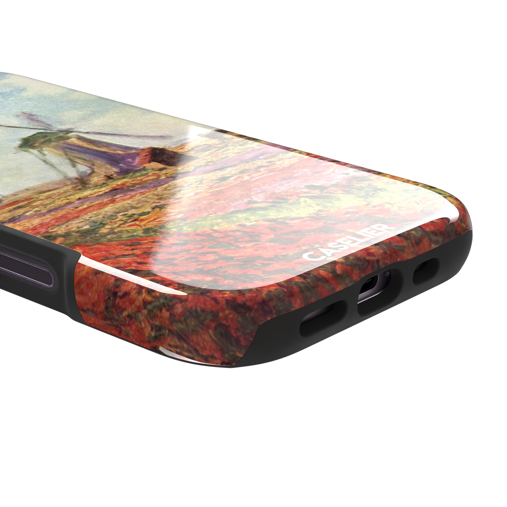 Tulip Fields in Holland by Claude Monet phone case featuring red and purple flower fields with a Dutch windmill under a cloudy sky in impressionist style, phone case by Caselier — tough case, charging port detail