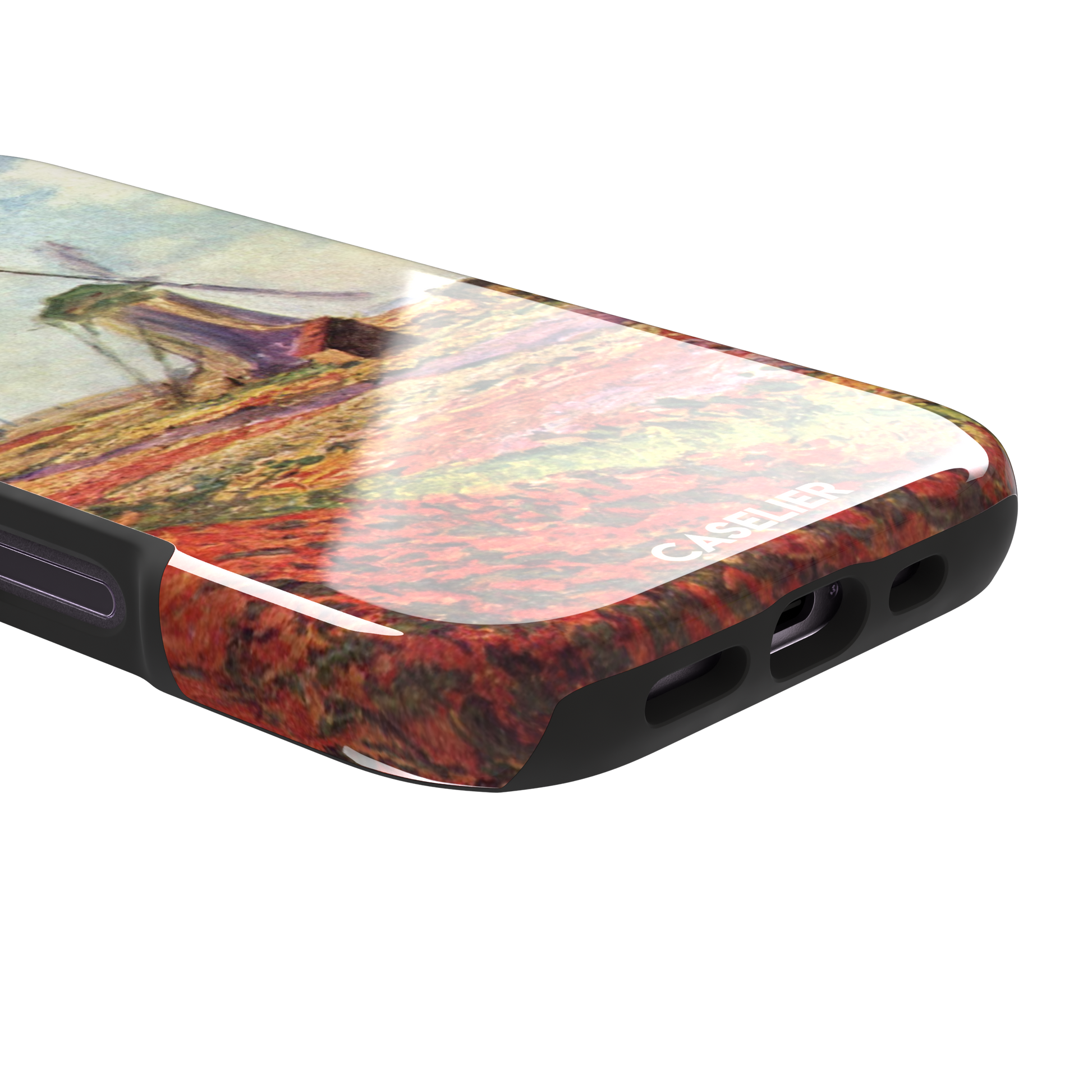 Tulip Fields in Holland by Claude Monet phone case featuring red and purple flower fields with a Dutch windmill under a cloudy sky in impressionist style, phone case by Caselier — tough case, charging port detail