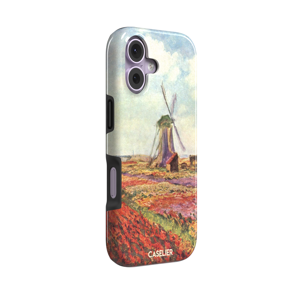 Tulip Fields in Holland by Claude Monet phone case featuring red and purple flower fields with a Dutch windmill under a cloudy sky in impressionist style, phone case by Caselier — tough case, left view