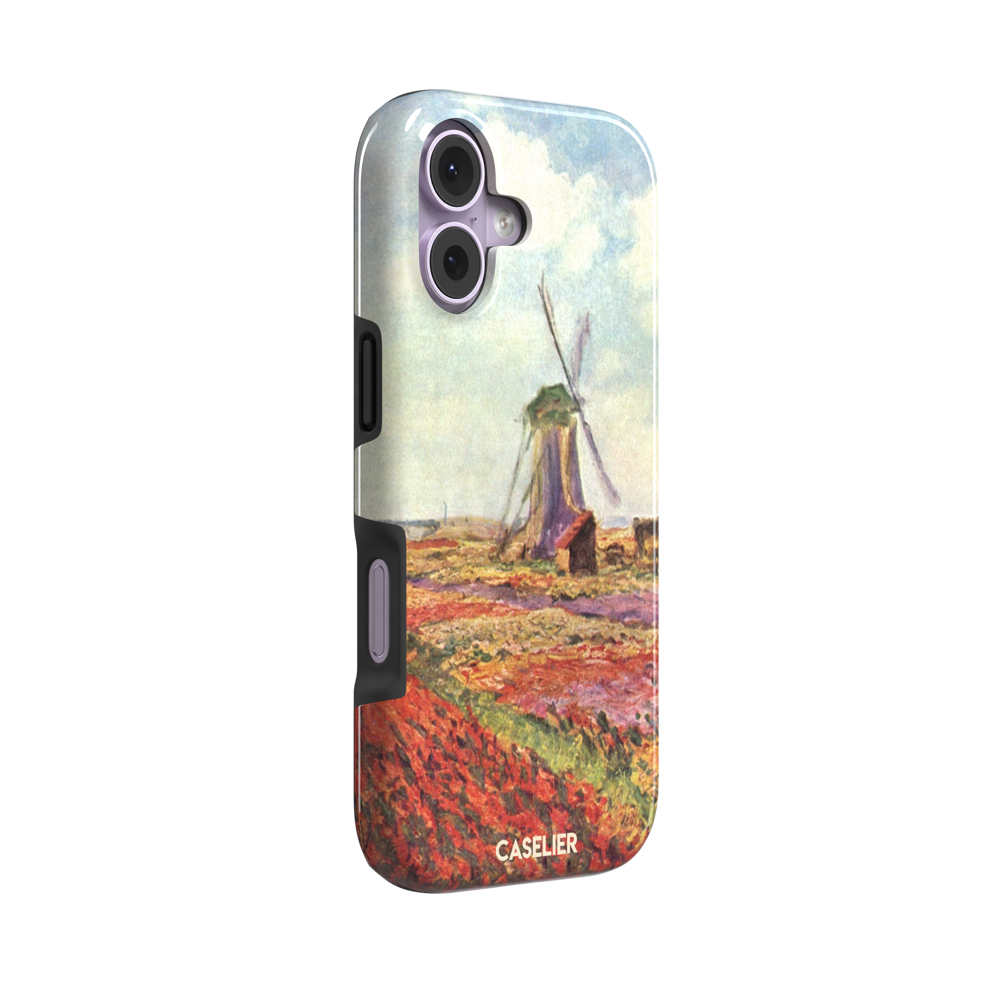 Tulip Fields in Holland by Claude Monet phone case featuring red and purple flower fields with a Dutch windmill under a cloudy sky in impressionist style, phone case by Caselier — tough case, left view