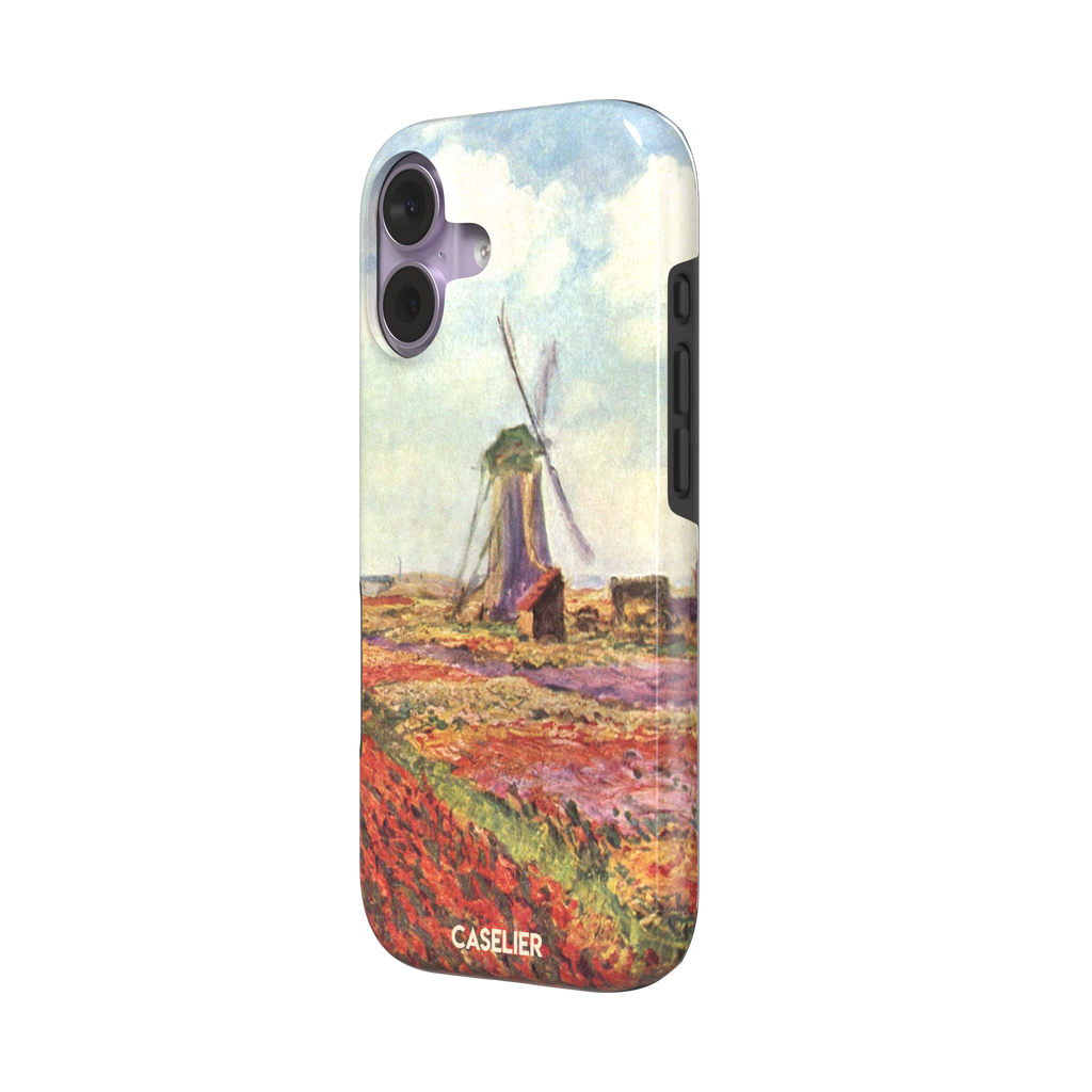 Tulip Fields in Holland by Claude Monet phone case featuring red and purple flower fields with a Dutch windmill under a cloudy sky in impressionist style, phone case by Caselier — tough case, right view