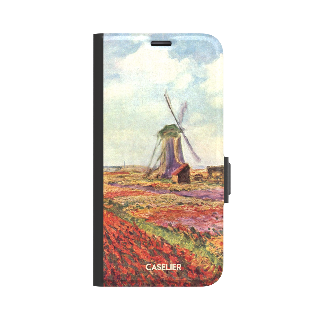 Tulip Fields in Holland by Claude Monet phone case featuring red and purple flower fields with a Dutch windmill under a cloudy sky in impressionist style, phone case by Caselier — wallet case, front view