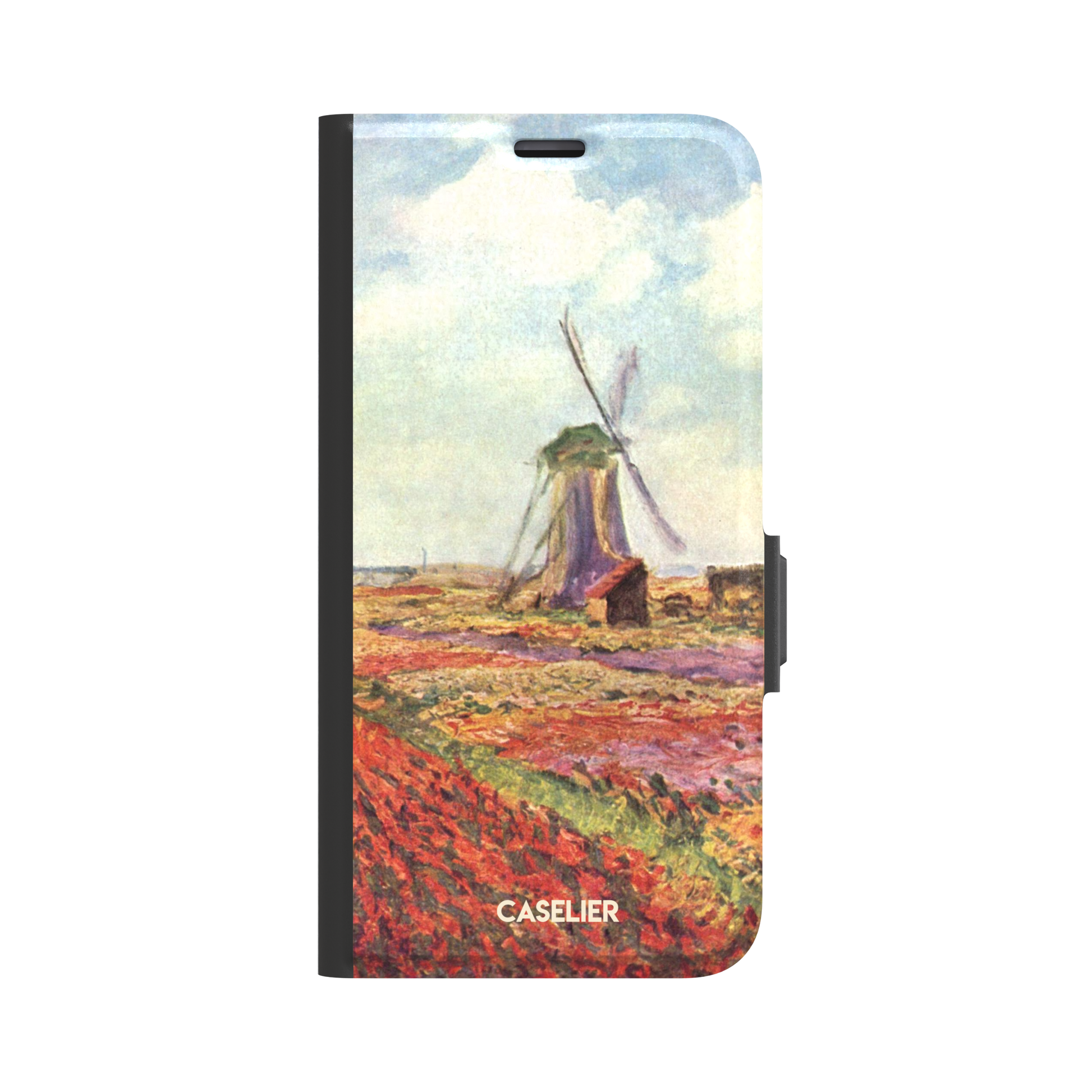 Tulip Fields in Holland by Claude Monet phone case featuring red and purple flower fields with a Dutch windmill under a cloudy sky in impressionist style, phone case by Caselier — wallet case, front view