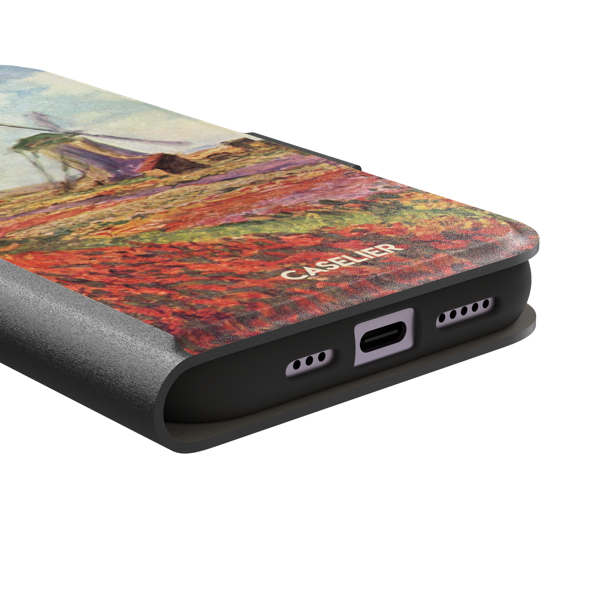 Tulip Fields in Holland by Claude Monet phone case featuring red and purple flower fields with a Dutch windmill under a cloudy sky in impressionist style, phone case by Caselier — wallet case, charging port detail