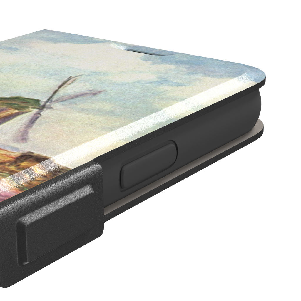 Tulip Fields in Holland by Claude Monet phone case featuring red and purple flower fields with a Dutch windmill under a cloudy sky in impressionist style, phone case by Caselier — wallet case, volume buttons detail