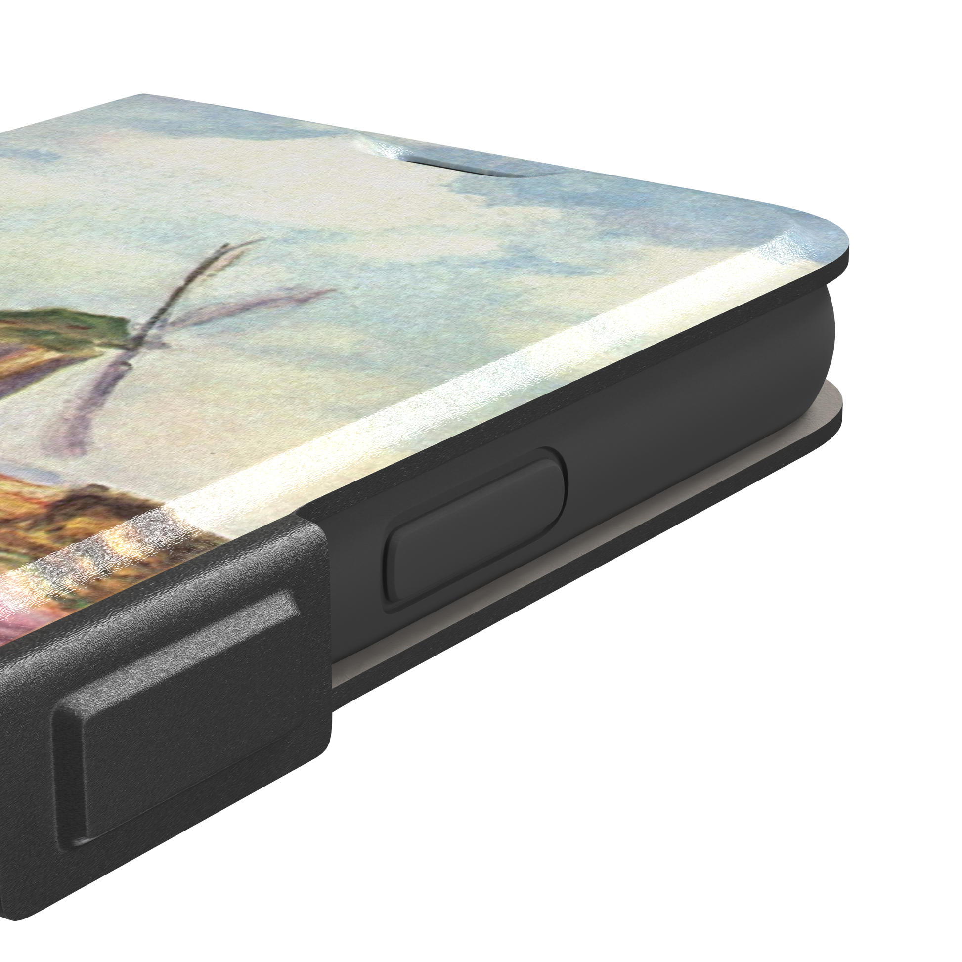 Tulip Fields in Holland by Claude Monet phone case featuring red and purple flower fields with a Dutch windmill under a cloudy sky in impressionist style, phone case by Caselier — wallet case, volume buttons detail
