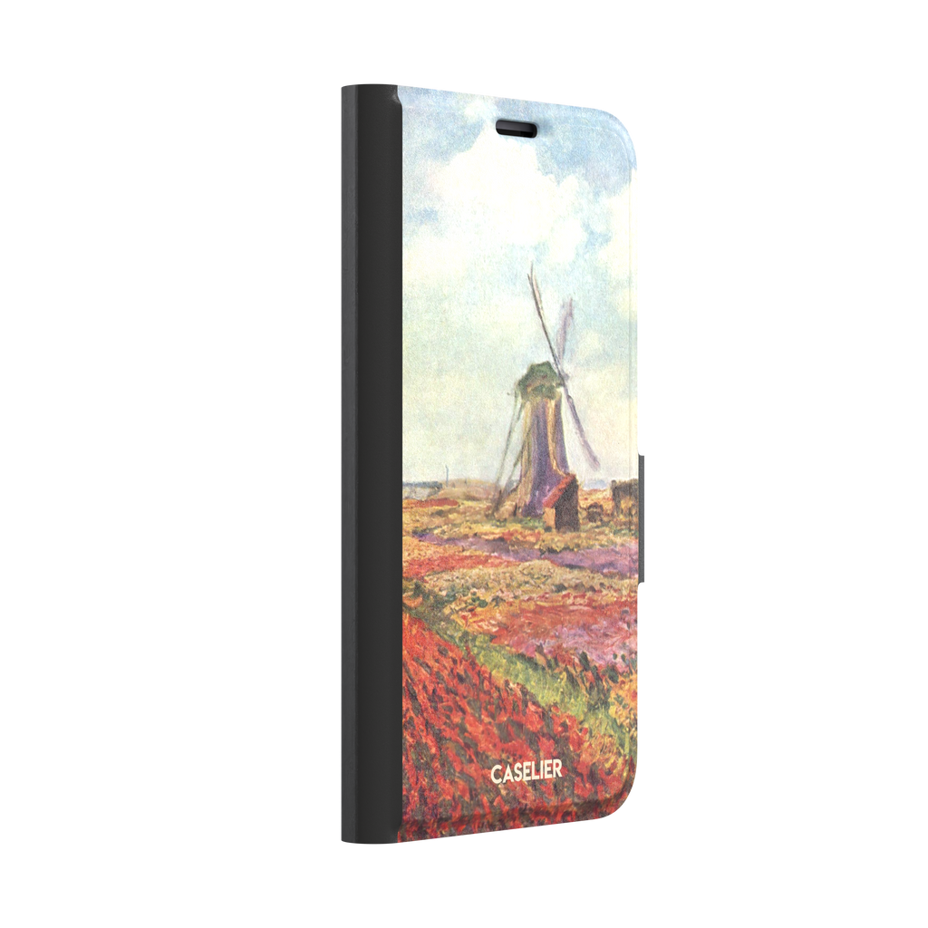 Tulip Fields in Holland by Claude Monet phone case featuring red and purple flower fields with a Dutch windmill under a cloudy sky in impressionist style, phone case by Caselier — wallet case, left view