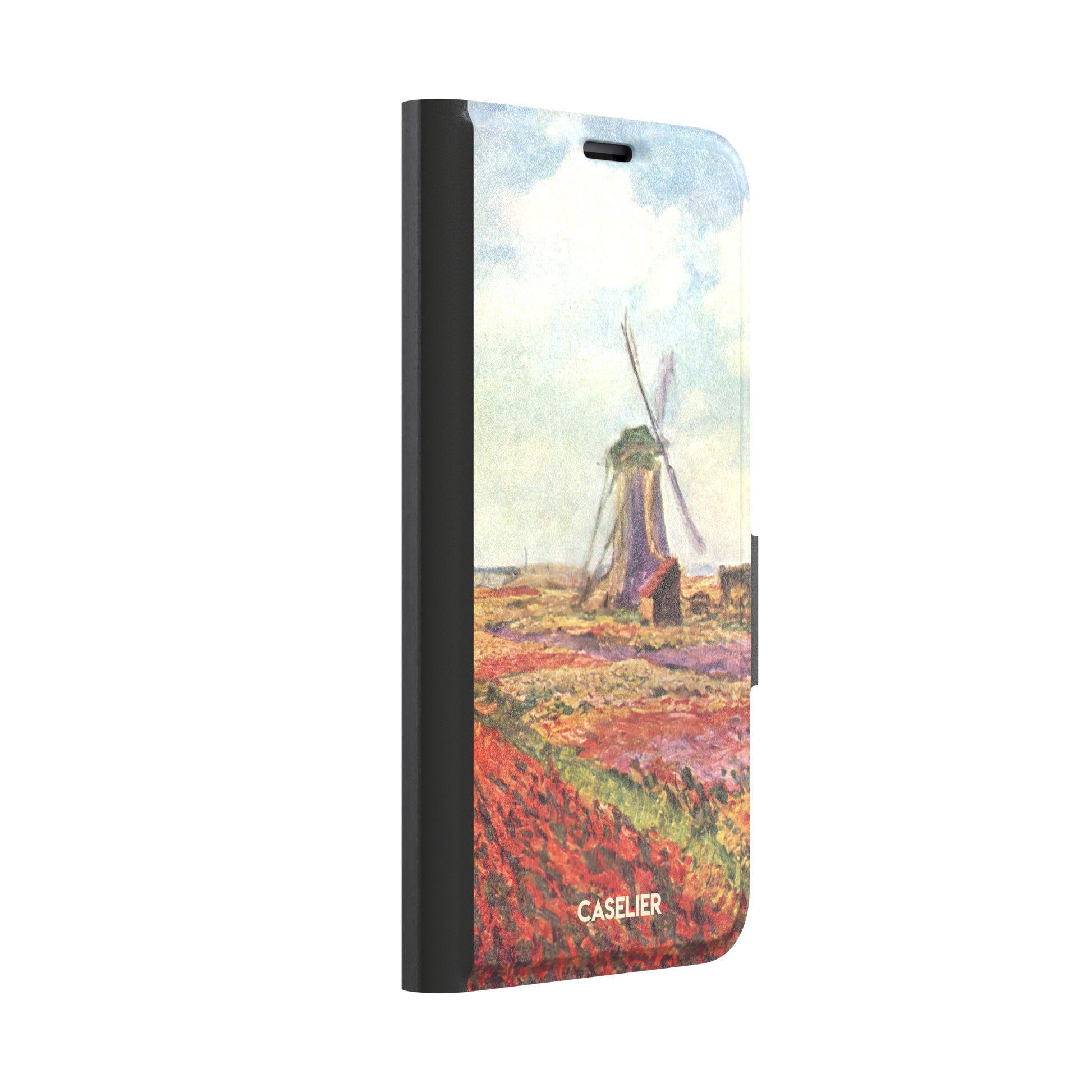 Tulip Fields in Holland by Claude Monet phone case featuring red and purple flower fields with a Dutch windmill under a cloudy sky in impressionist style, phone case by Caselier — wallet case, left view