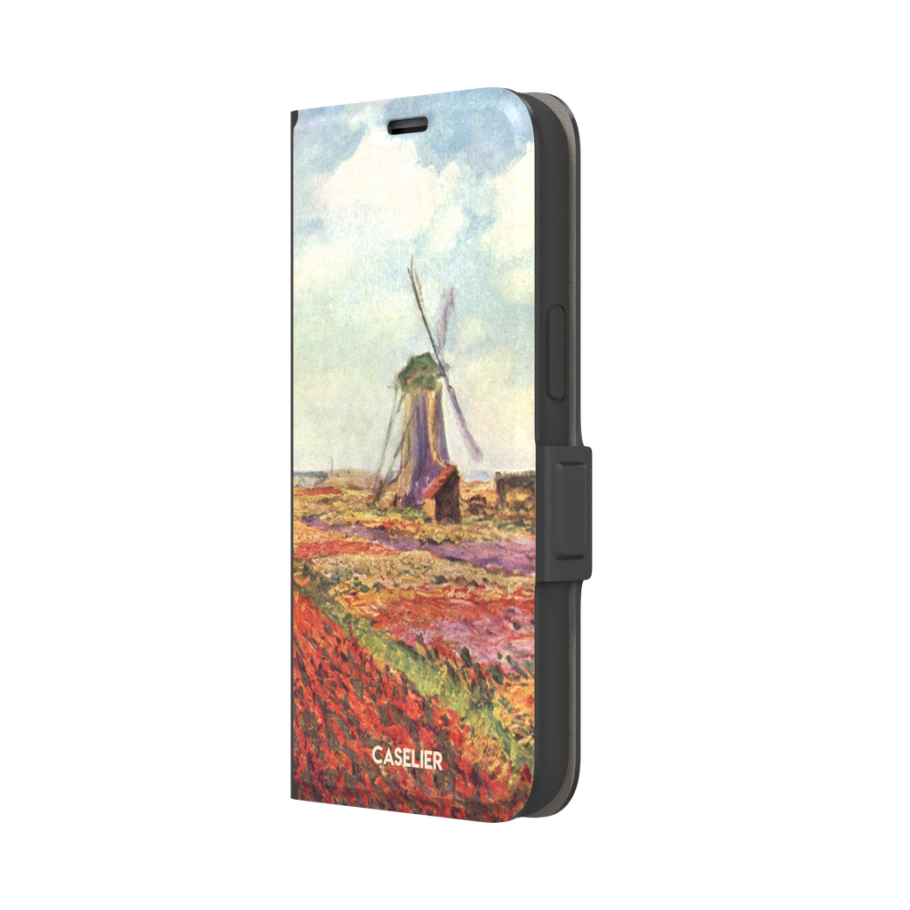 Tulip Fields in Holland by Claude Monet phone case featuring red and purple flower fields with a Dutch windmill under a cloudy sky in impressionist style, phone case by Caselier — wallet case, right view