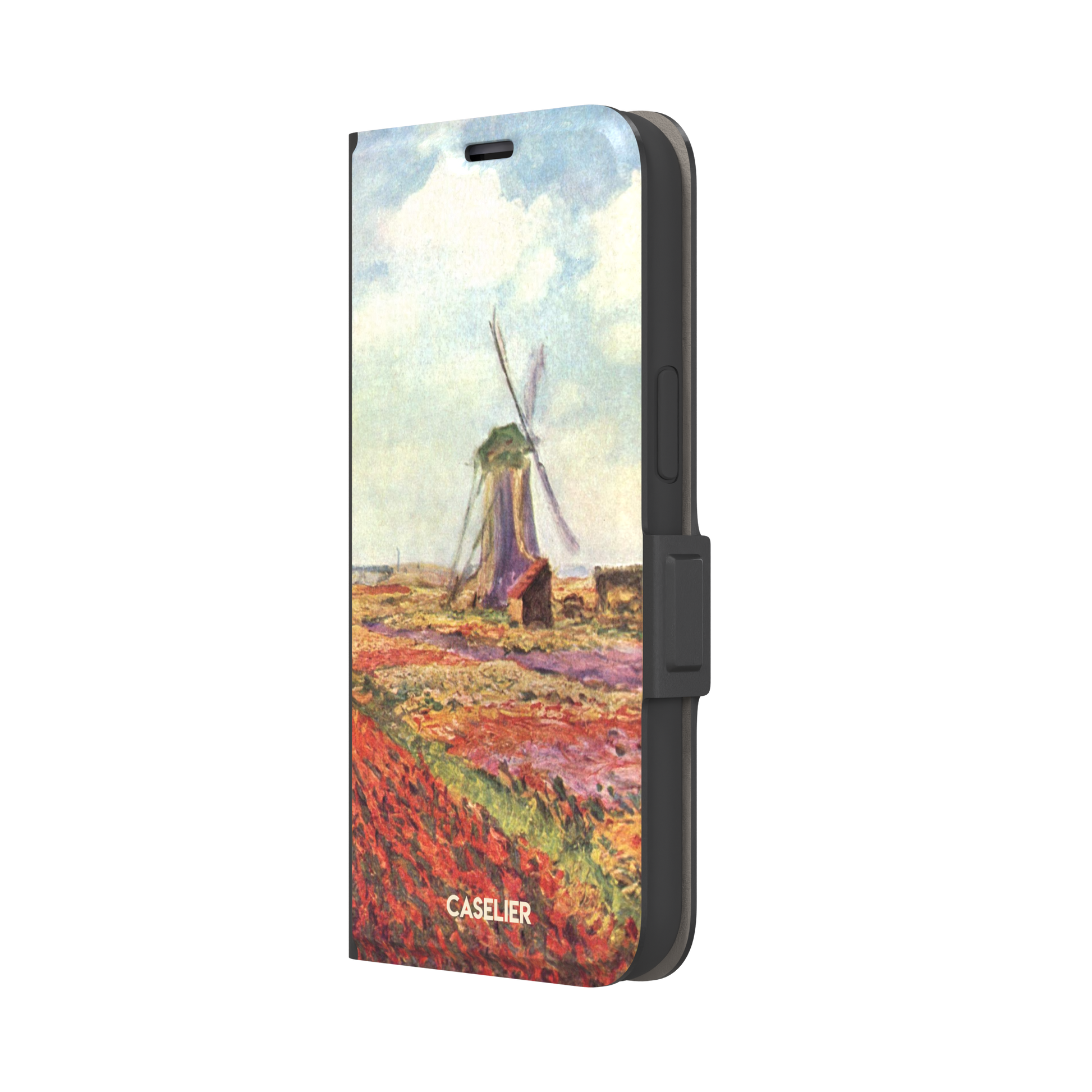 Tulip Fields in Holland by Claude Monet phone case featuring red and purple flower fields with a Dutch windmill under a cloudy sky in impressionist style, phone case by Caselier — wallet case, right view