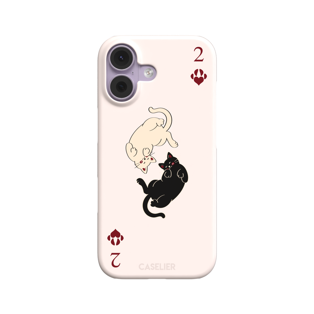 Two of Hearts phone case in blush pink with a cream and black cat playing card design and crimson paw suit symbols, phone case by Caselier — snap case, front view