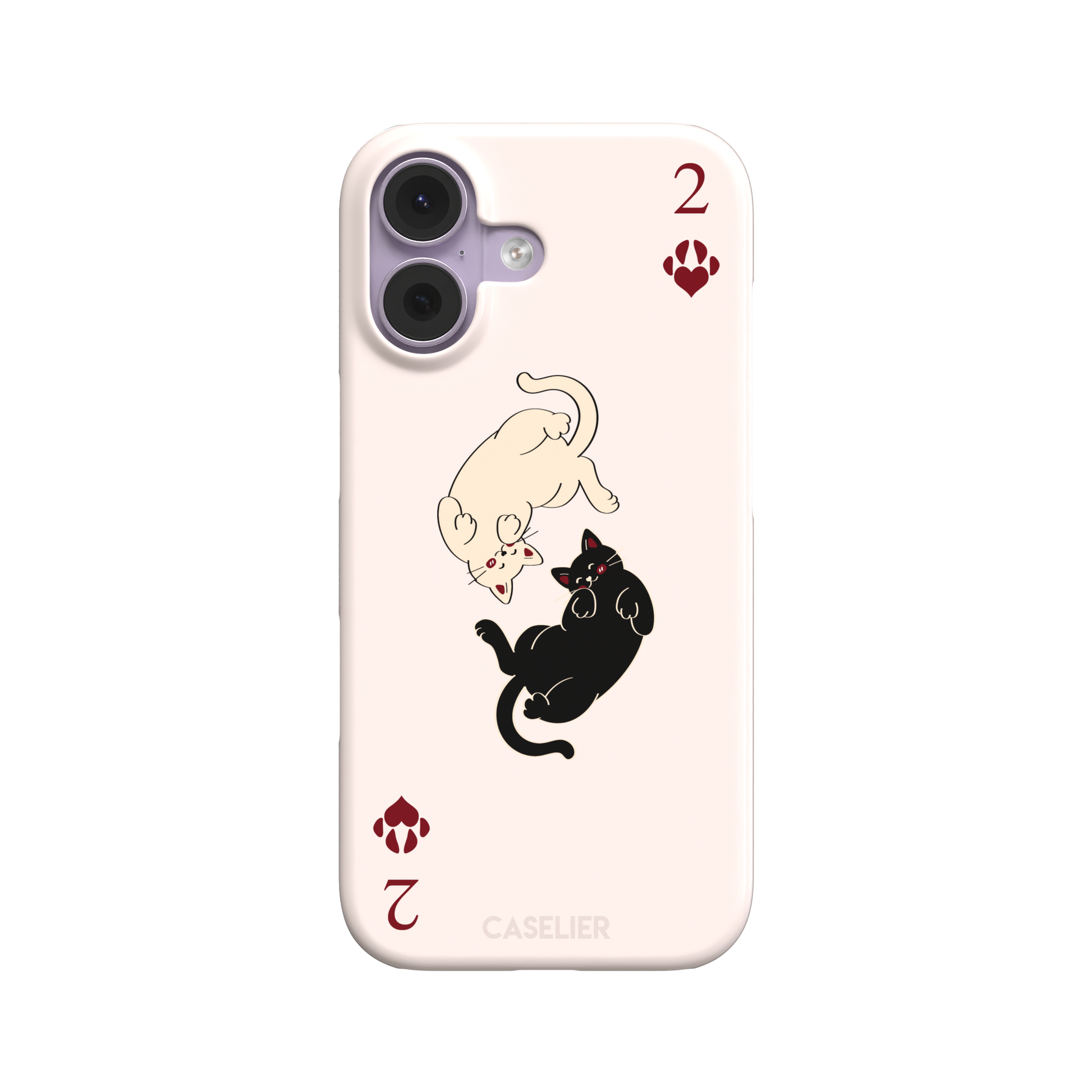 Two of Hearts phone case in blush pink with a cream and black cat playing card design and crimson paw suit symbols, phone case by Caselier — snap case, front view