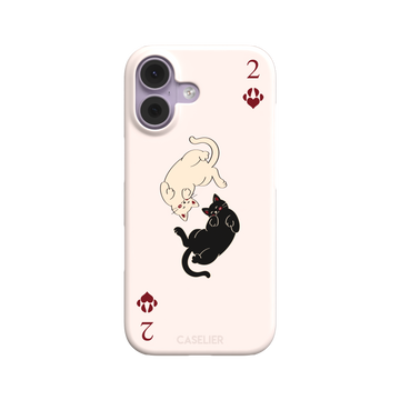 Two of Hearts phone case in blush pink with a cream and black cat playing card design and crimson paw suit symbols, phone case by Caselier — snap case, front view