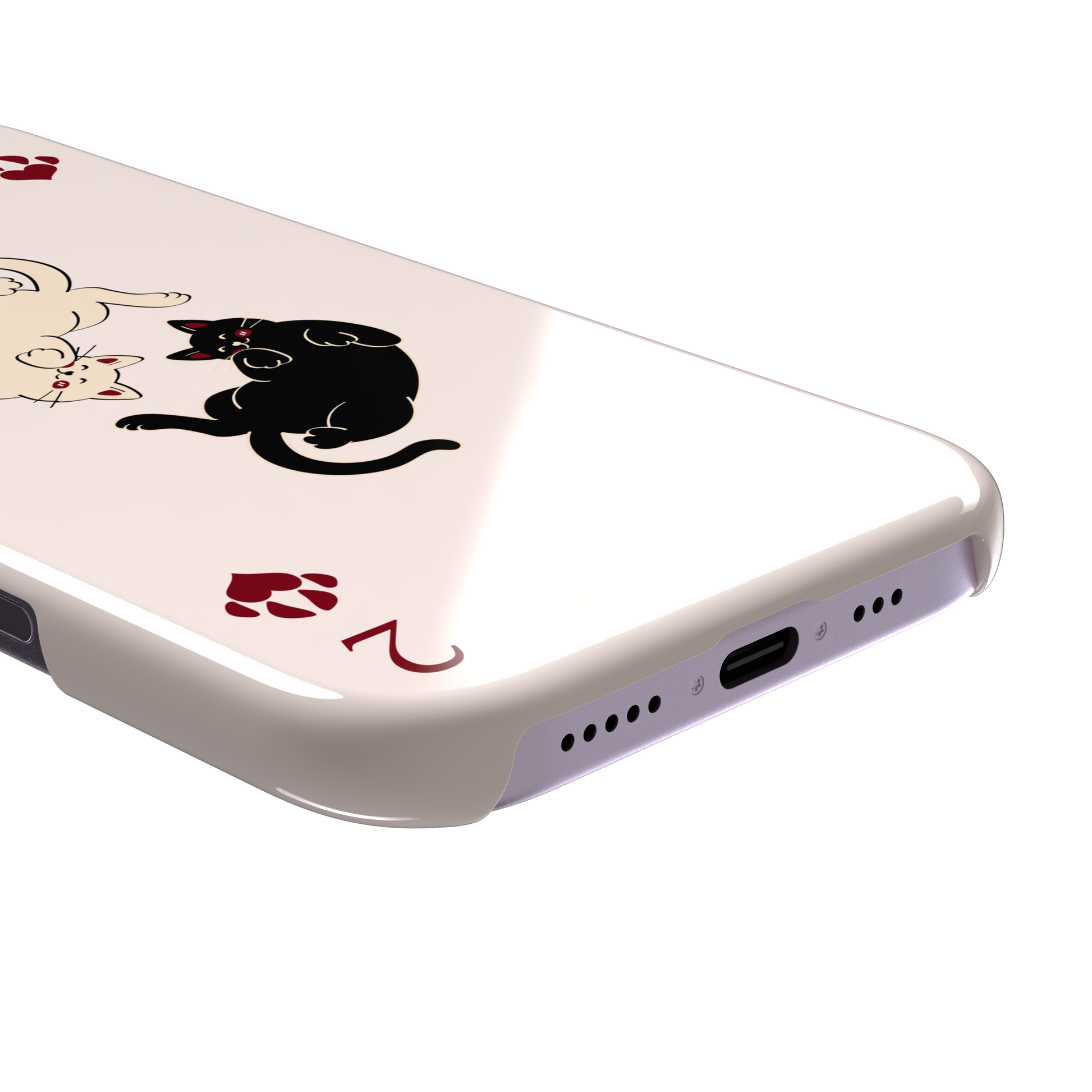 Two of Hearts phone case in blush pink with a cream and black cat playing card design and crimson paw suit symbols, phone case by Caselier — snap case, charging port detail