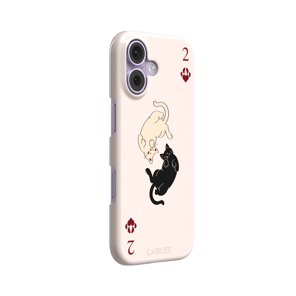 Two of Hearts phone case in blush pink with a cream and black cat playing card design and crimson paw suit symbols, phone case by Caselier — snap case, left view
